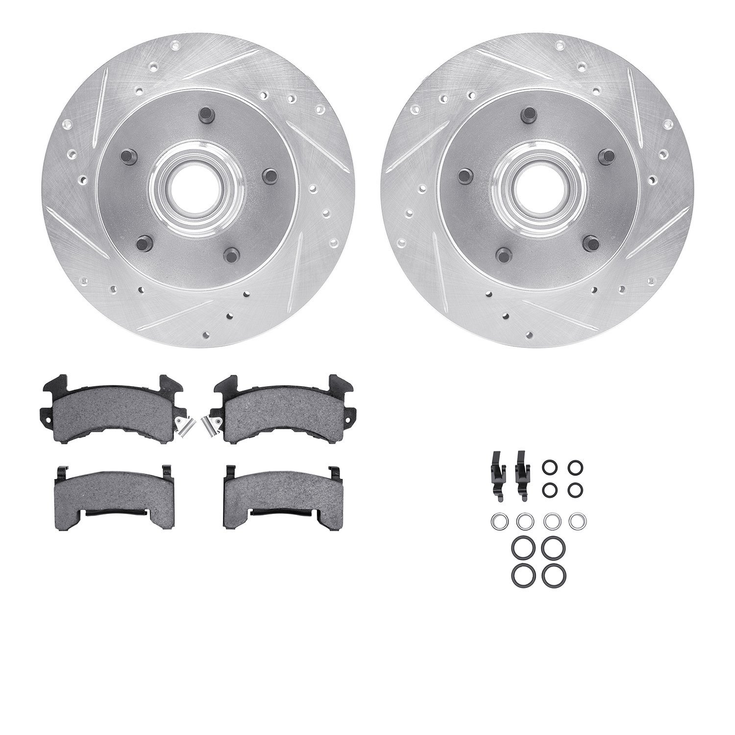 7412-47011 Drilled/Slotted Brake Rotors with Ultimate-Duty Brake Pads Kit & Hardware [Silver], 1982-1995 GM, Position: Front