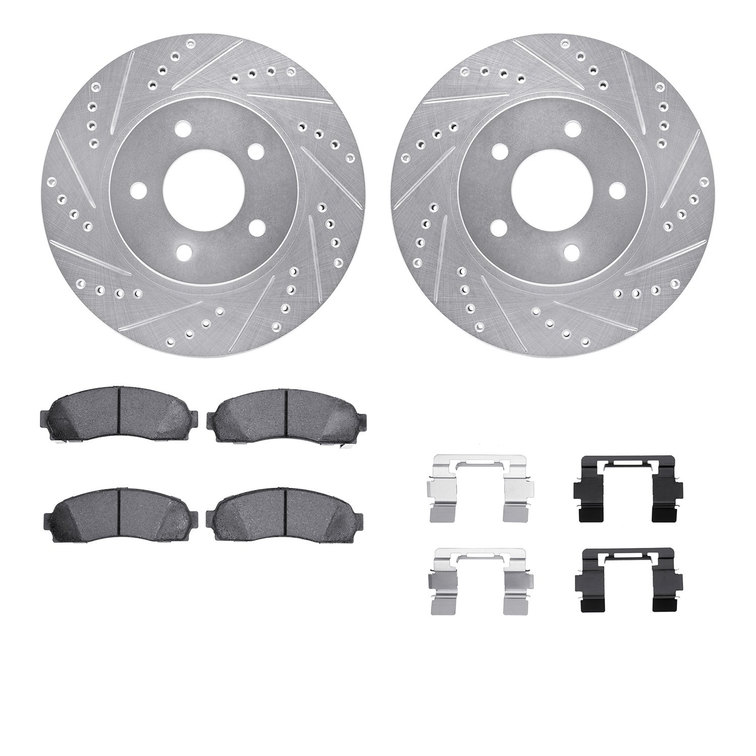 7412-47012 Drilled/Slotted Brake Rotors with Ultimate-Duty Brake Pads Kit & Hardware [Silver], 2002-2007 GM, Position: Front