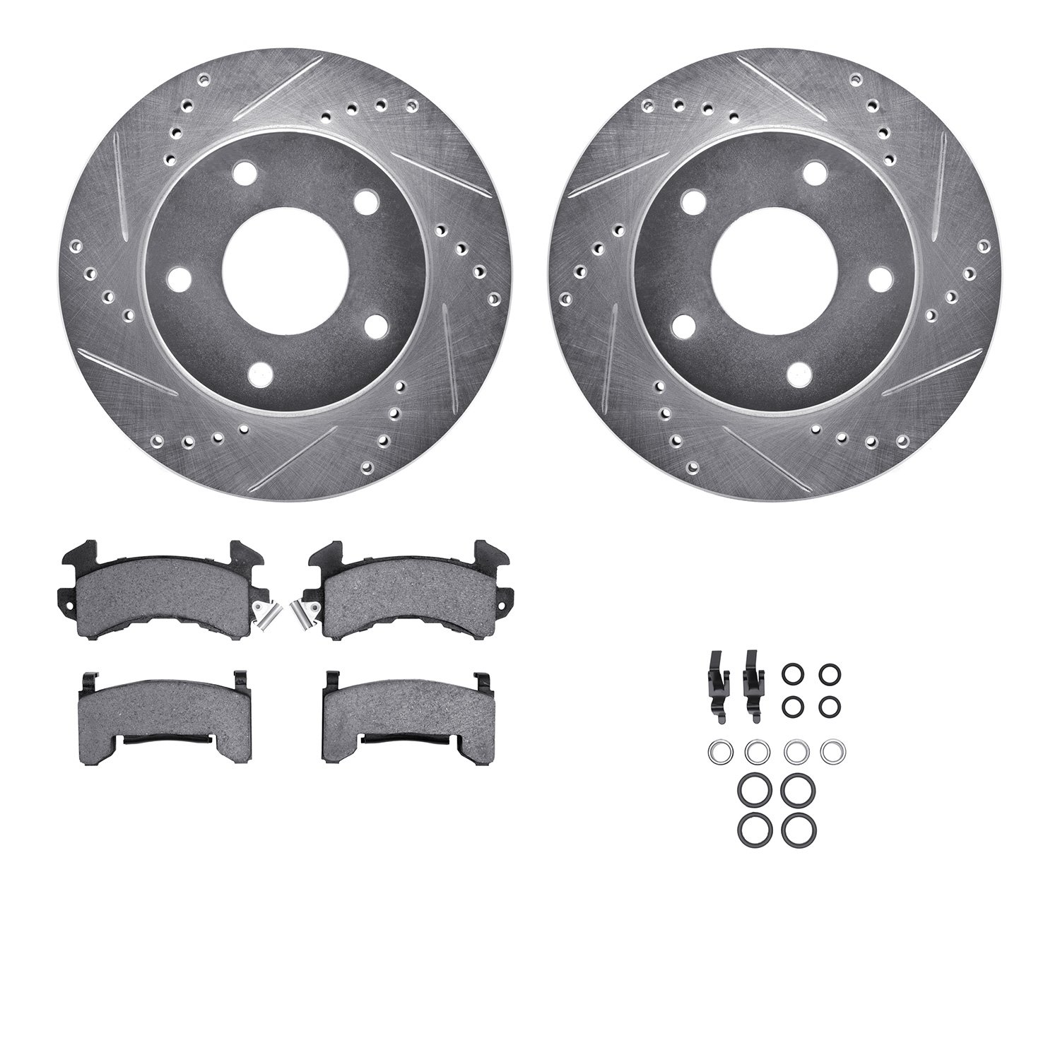 7412-48002 Drilled/Slotted Brake Rotors with Ultimate-Duty Brake Pads Kit & Hardware [Silver], 1979-1998 GM, Position: Front