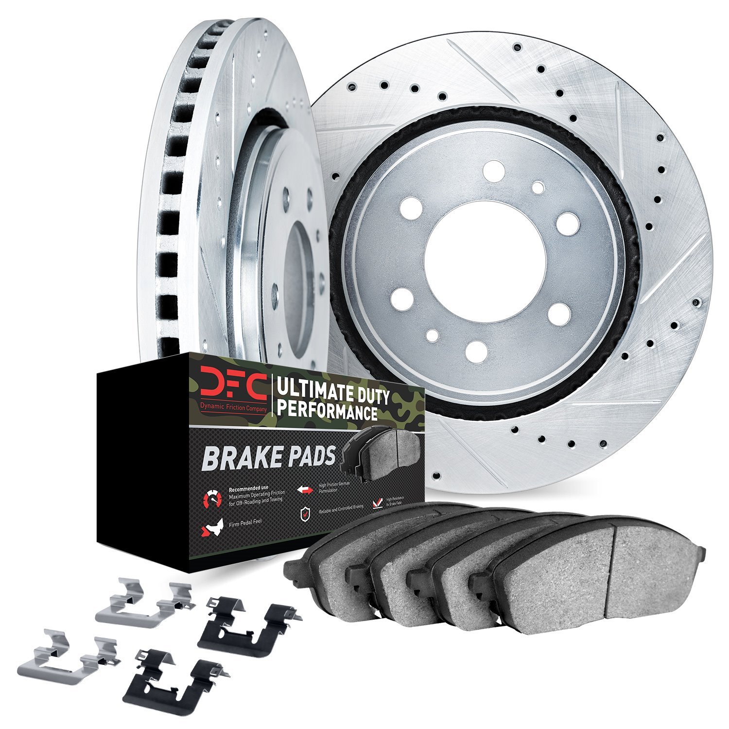 7412-48006 Drilled/Slotted Brake Rotors with Ultimate-Duty Brake Pads Kit & Hardware [Silver], 1988-1996 GM, Position: Front