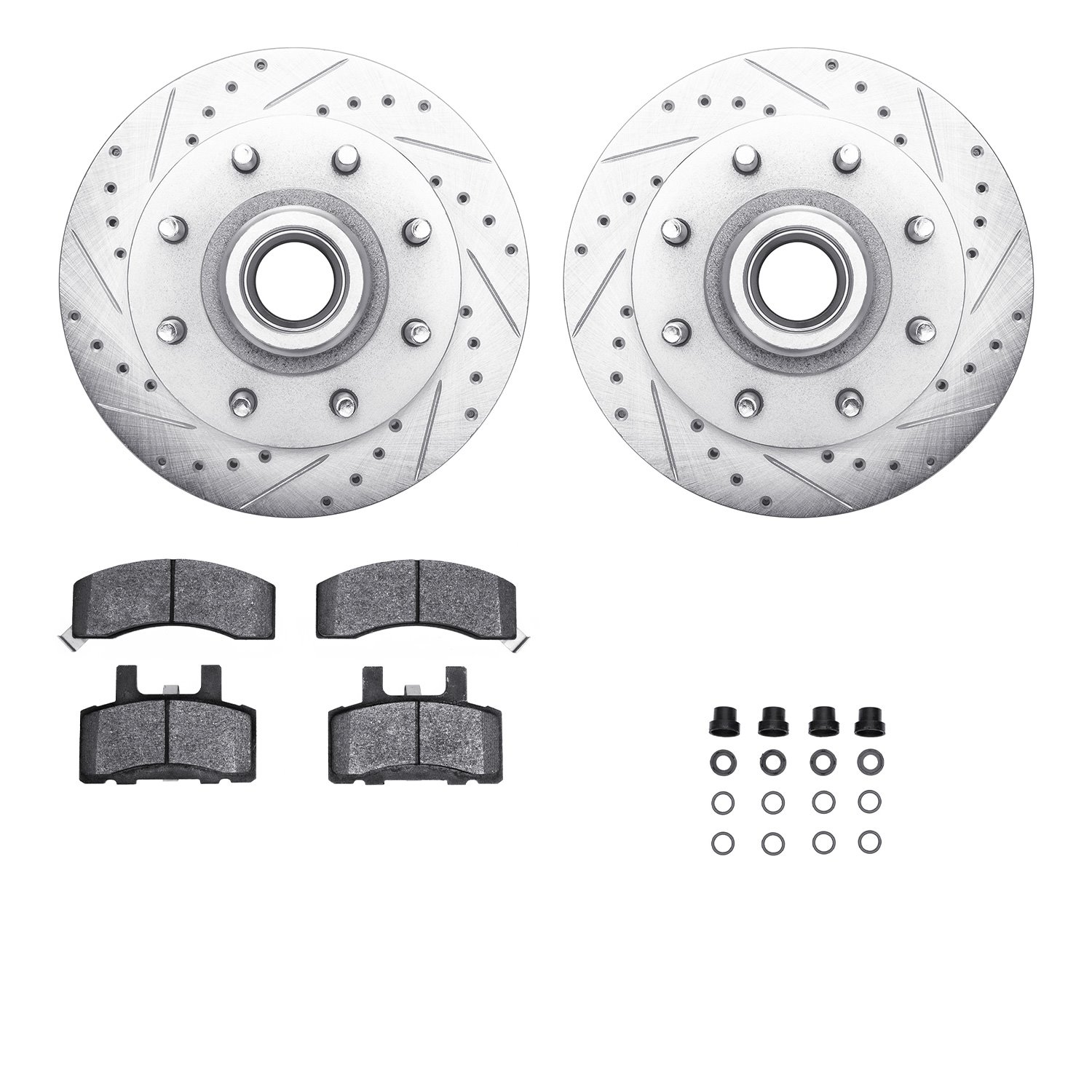 7412-48008 Drilled/Slotted Brake Rotors with Ultimate-Duty Brake Pads Kit & Hardware [Silver], 1988-1996 GM, Position: Front