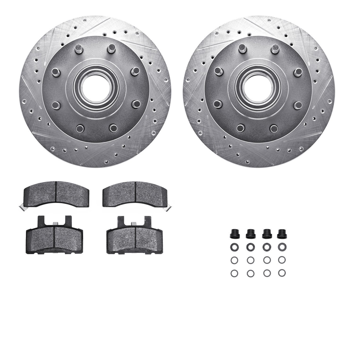 7412-48014 Drilled/Slotted Brake Rotors with Ultimate-Duty Brake Pads Kit & Hardware [Silver], 1992-2002 GM, Position: Front