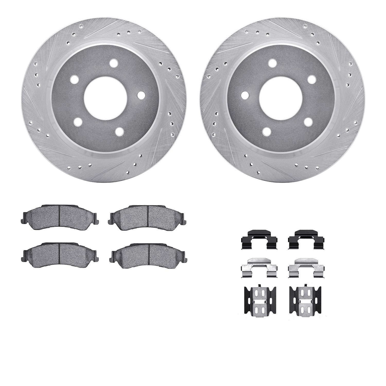 7412-48021 Drilled/Slotted Brake Rotors with Ultimate-Duty Brake Pads Kit & Hardware [Silver], 1998-2005 GM, Position: Rear