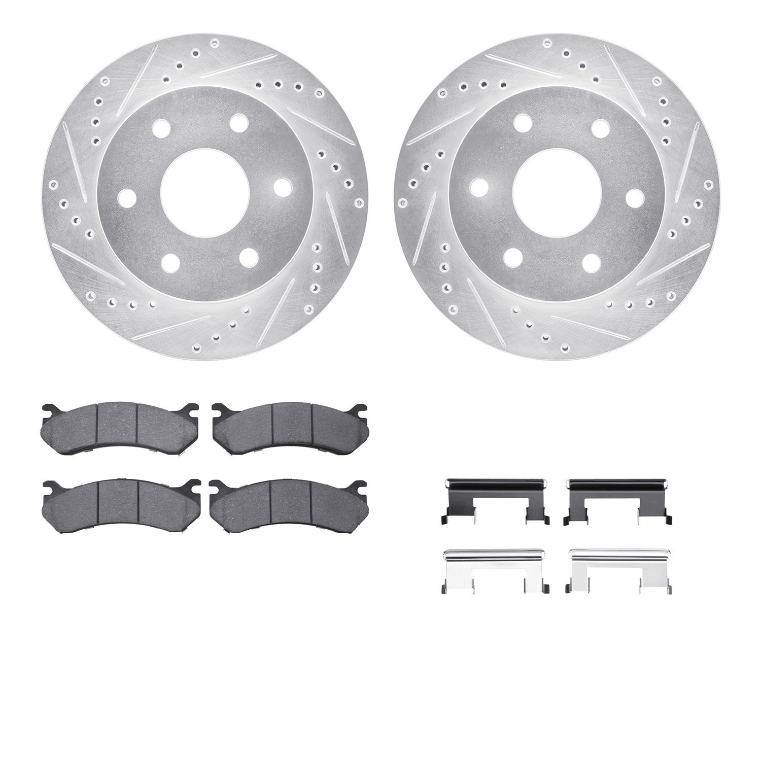 7412-48022 Drilled/Slotted Brake Rotors with Ultimate-Duty Brake Pads Kit & Hardware [Silver], 1999-2008 GM, Position: Front