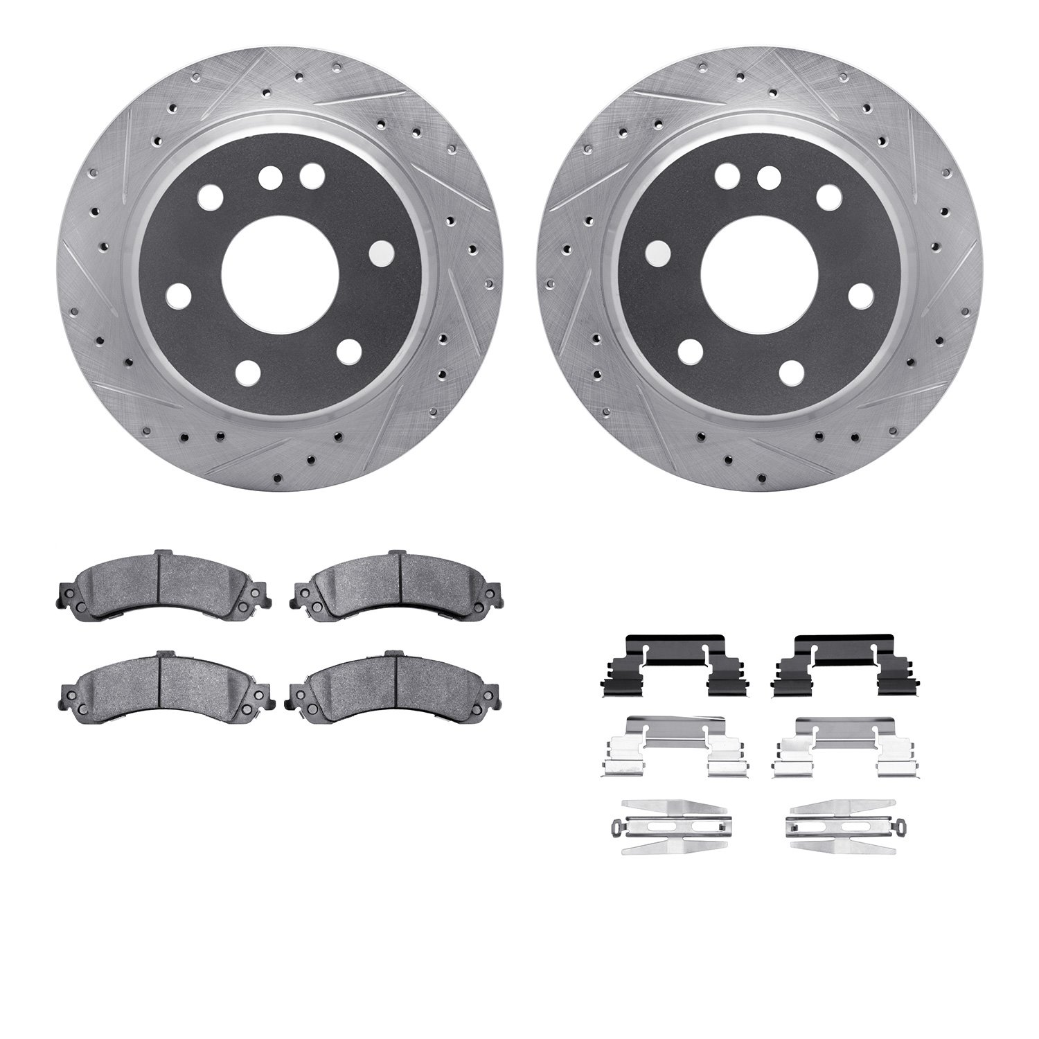 7412-48028 Drilled/Slotted Brake Rotors with Ultimate-Duty Brake Pads Kit & Hardware [Silver], 2000-2006 GM, Position: Rear