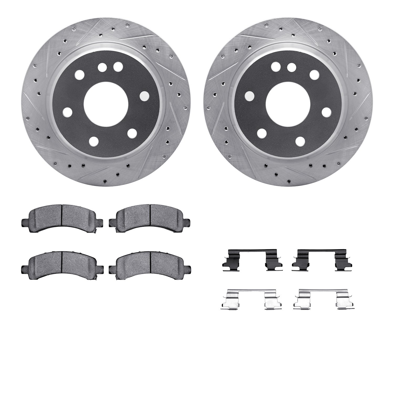 7412-48029 Drilled/Slotted Brake Rotors with Ultimate-Duty Brake Pads Kit & Hardware [Silver], 2002-2014 GM, Position: Rear