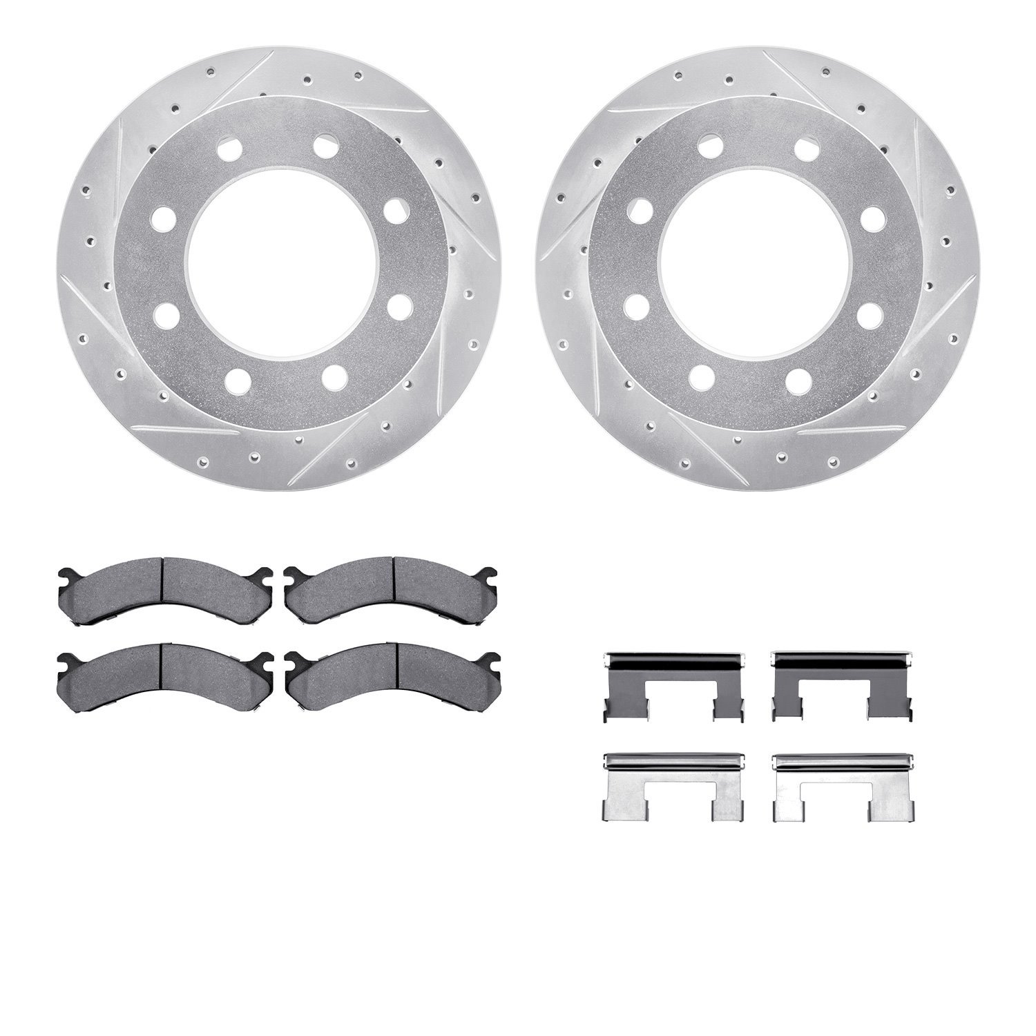 7412-48030 Drilled/Slotted Brake Rotors with Ultimate-Duty Brake Pads Kit & Hardware [Silver], 2001-2010 GM, Position: Rear