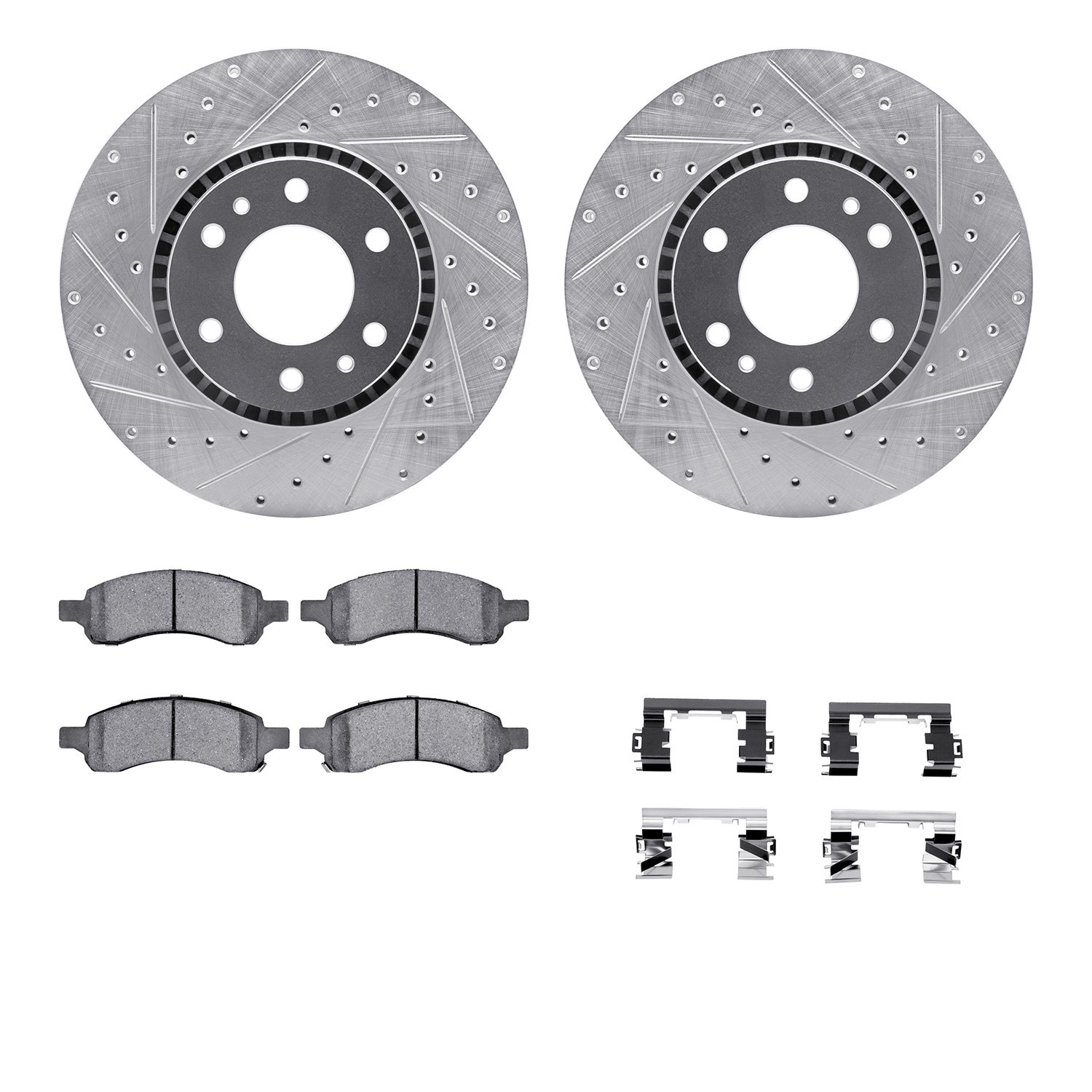 7412-48031 Drilled/Slotted Brake Rotors with Ultimate-Duty Brake Pads Kit & Hardware [Silver], 2006-2009 GM, Position: Front