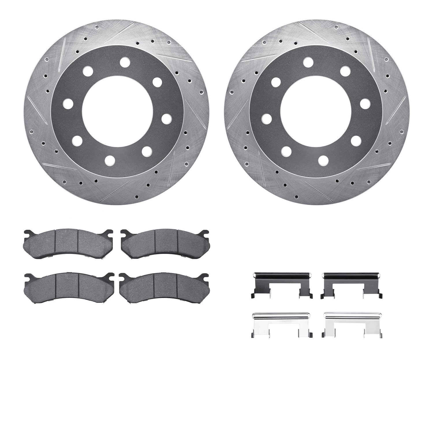7412-48032 Drilled/Slotted Brake Rotors with Ultimate-Duty Brake Pads Kit & Hardware [Silver], 2003-2005 GM, Position: Rear