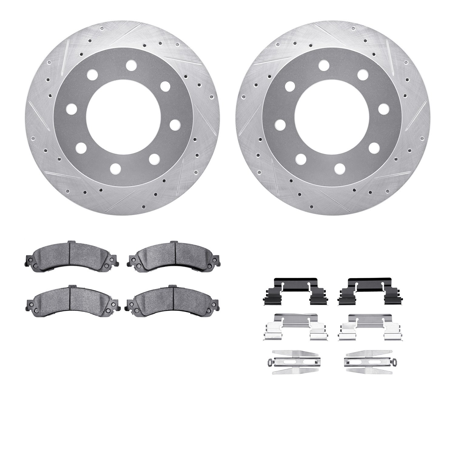 7412-48033 Drilled/Slotted Brake Rotors with Ultimate-Duty Brake Pads Kit & Hardware [Silver], 2005-2005 GM, Position: Rear