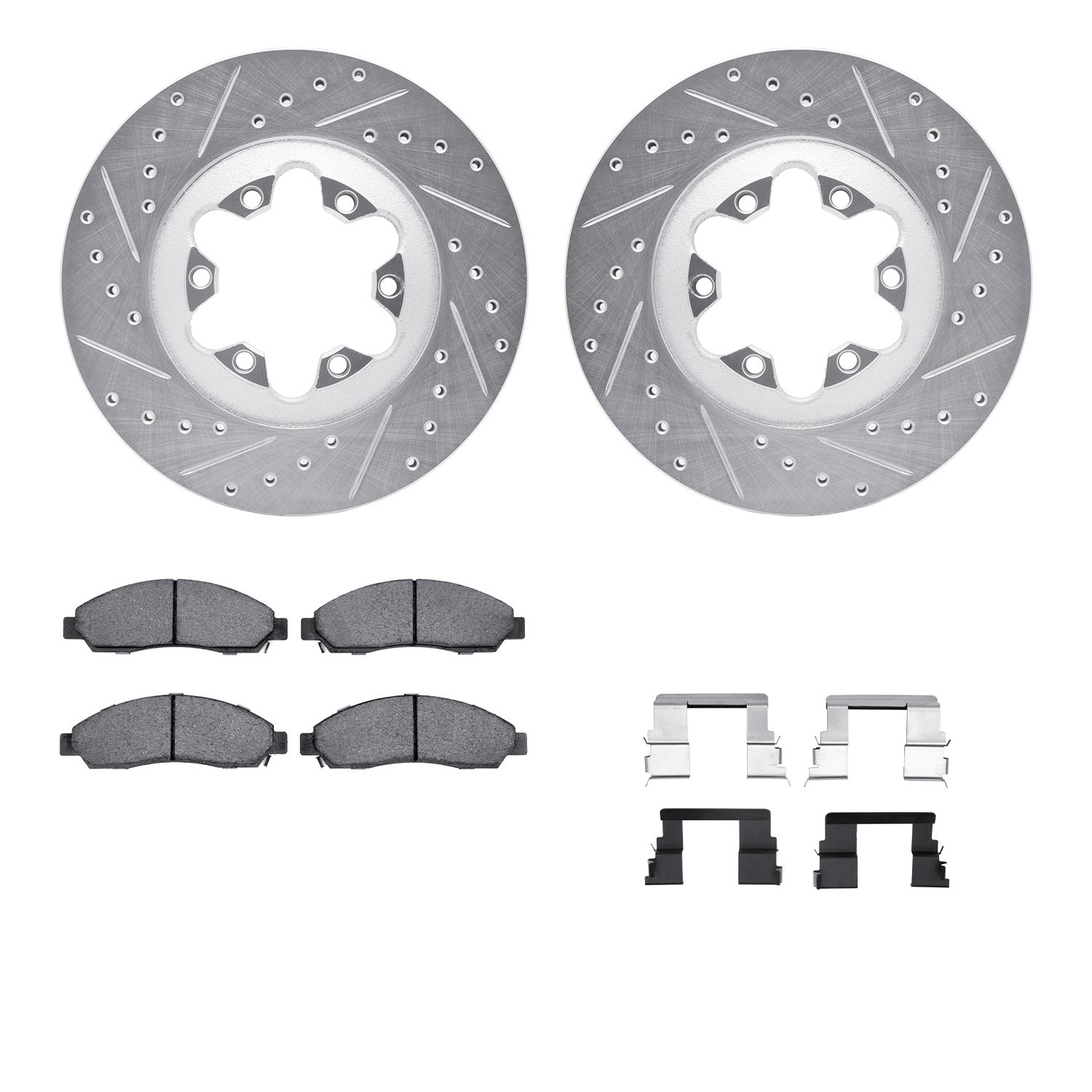 7412-48034 Drilled/Slotted Brake Rotors with Ultimate-Duty Brake Pads Kit & Hardware [Silver], 2004-2008 GM, Position: Front