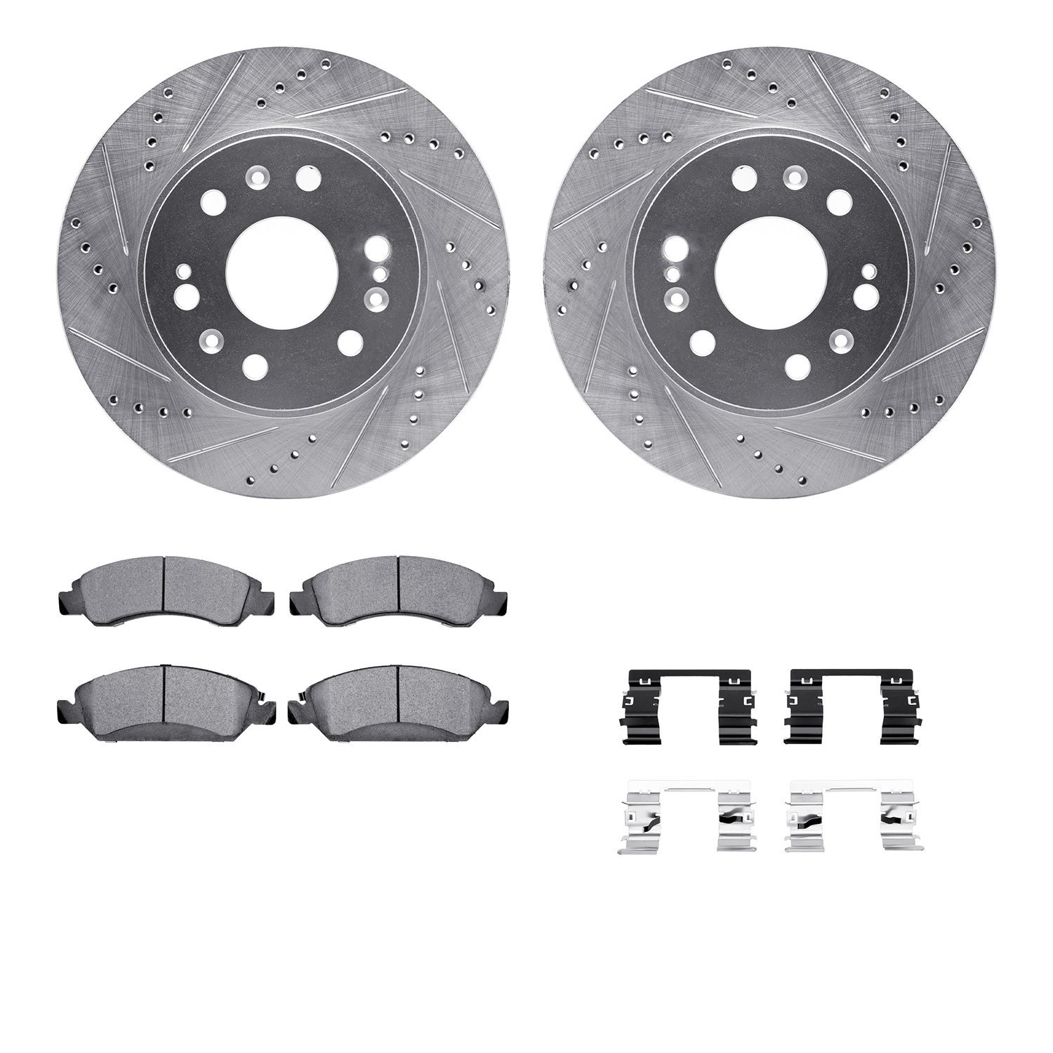 7412-48036 Drilled/Slotted Brake Rotors with Ultimate-Duty Brake Pads Kit & Hardware [Silver], 2005-2020 GM, Position: Front