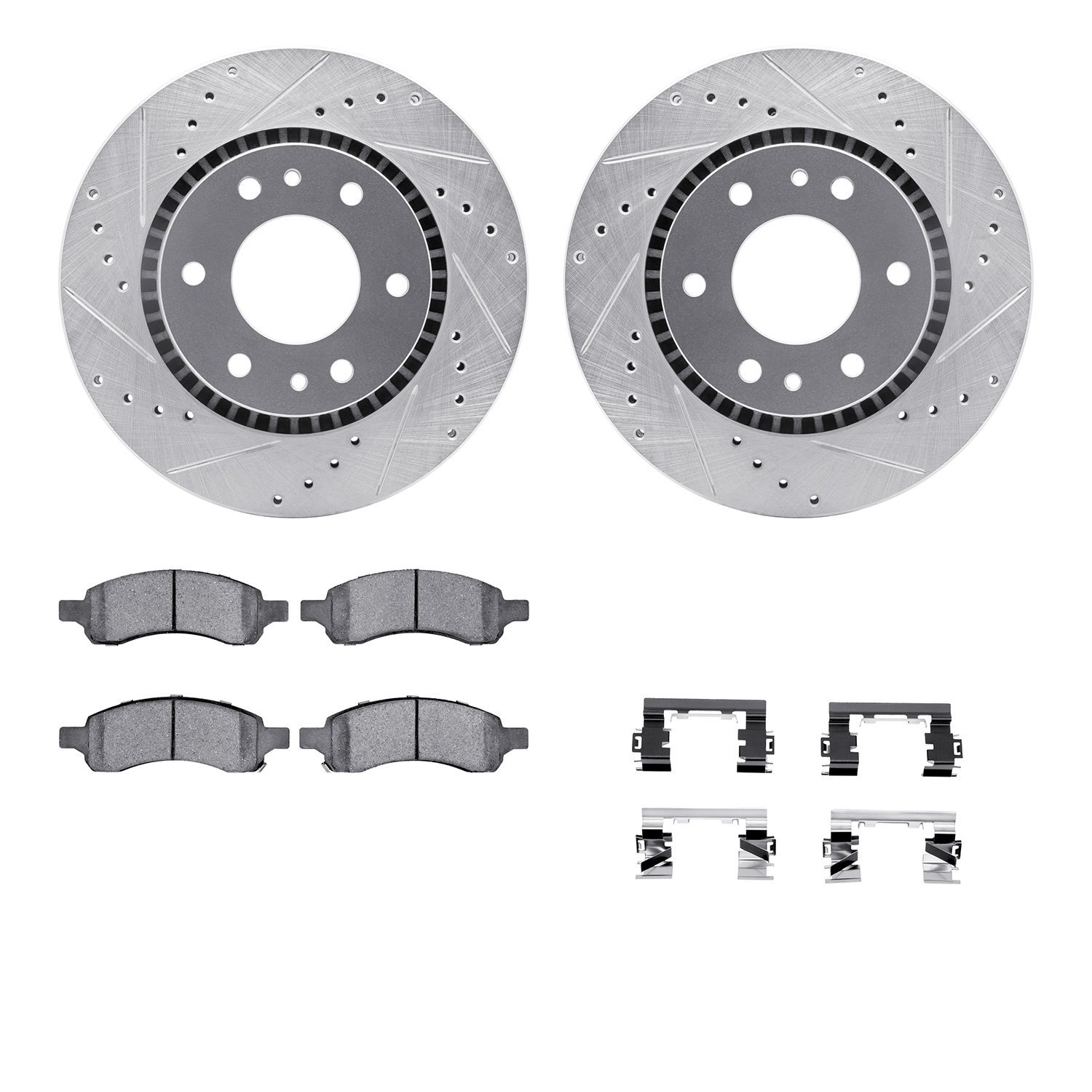 7412-48038 Drilled/Slotted Brake Rotors with Ultimate-Duty Brake Pads Kit & Hardware [Silver], 2006-2009 GM, Position: Front