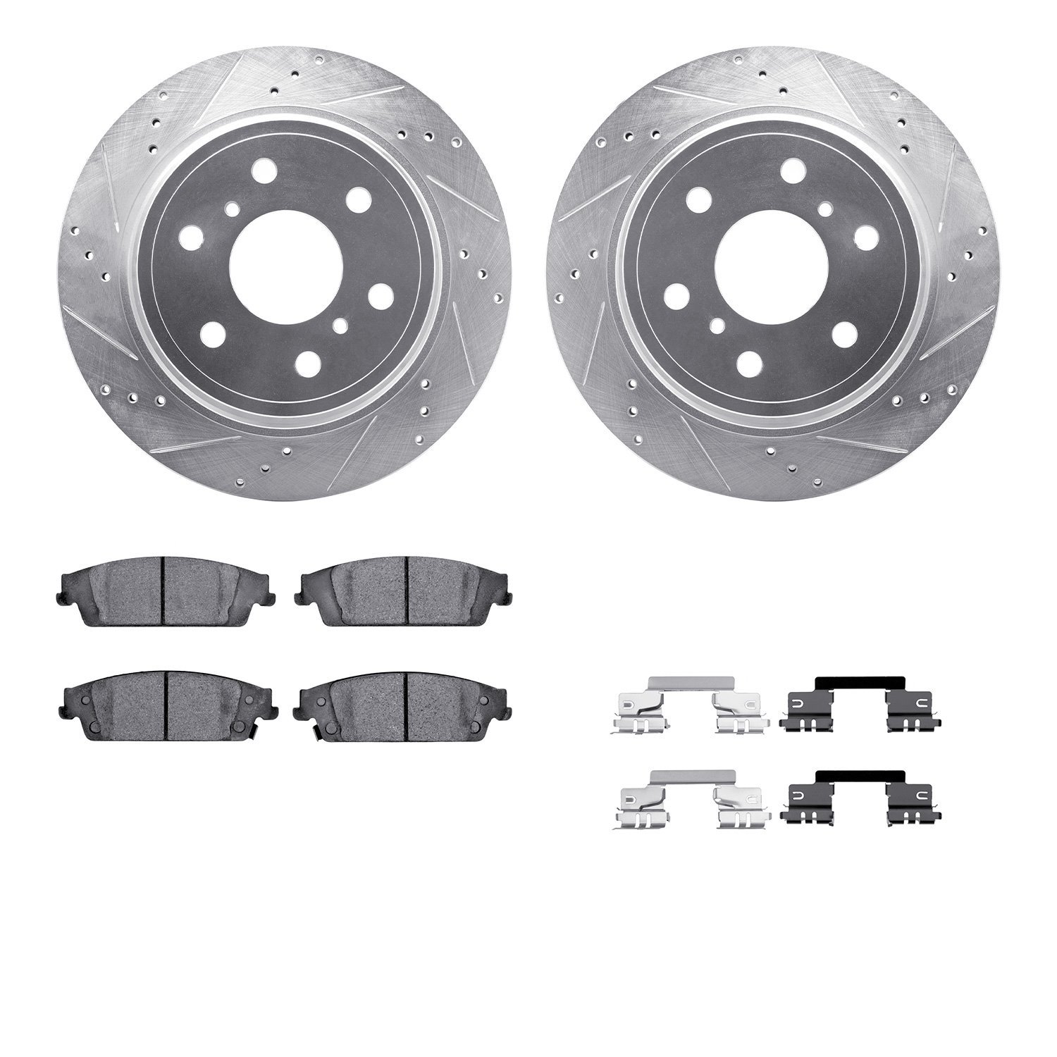 7412-48040 Drilled/Slotted Brake Rotors with Ultimate-Duty Brake Pads Kit & Hardware [Silver], 2014-2020 GM, Position: Rear