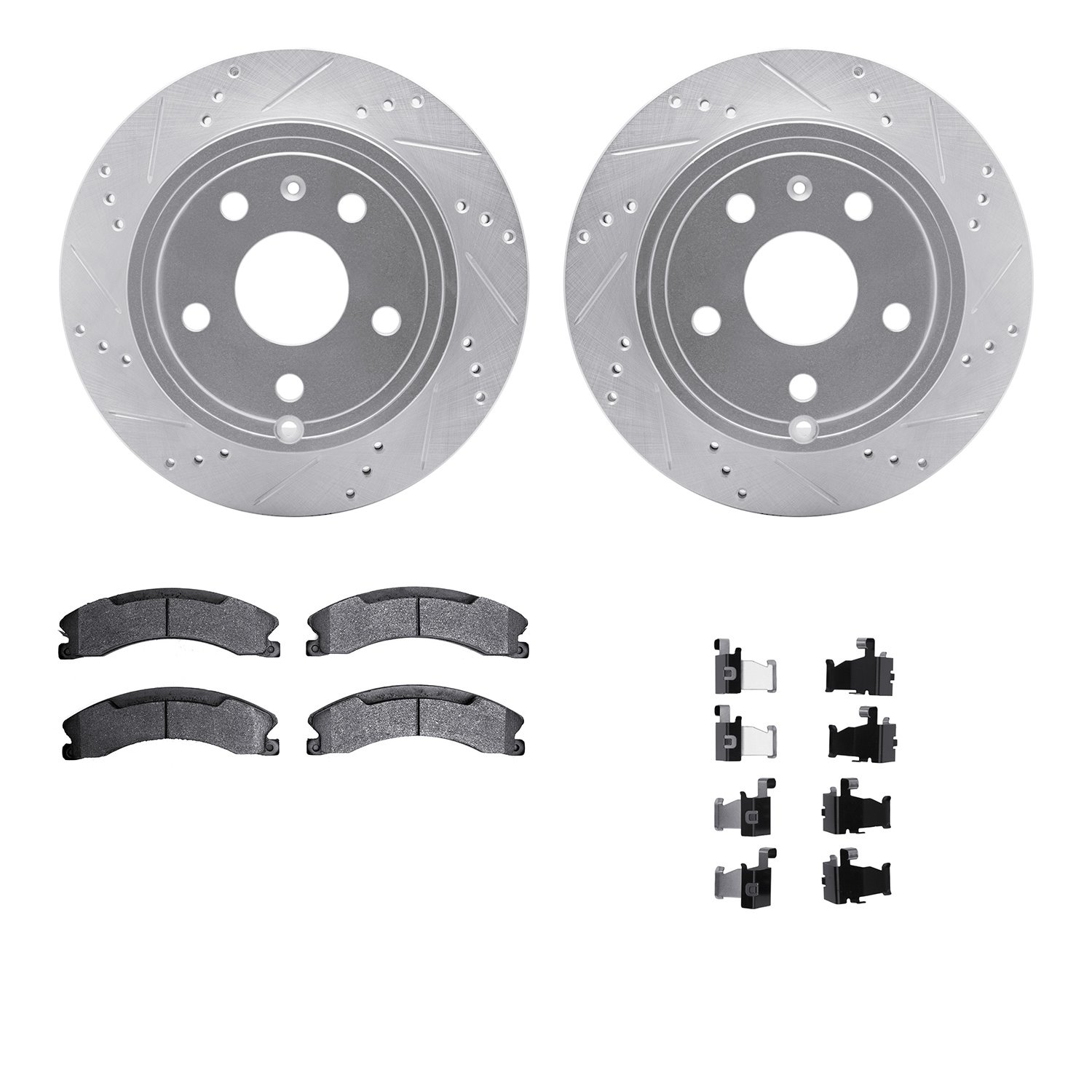 7412-48041 Drilled/Slotted Brake Rotors with Ultimate-Duty Brake Pads Kit & Hardware [Silver], 2009-2020 GM, Position: Rear