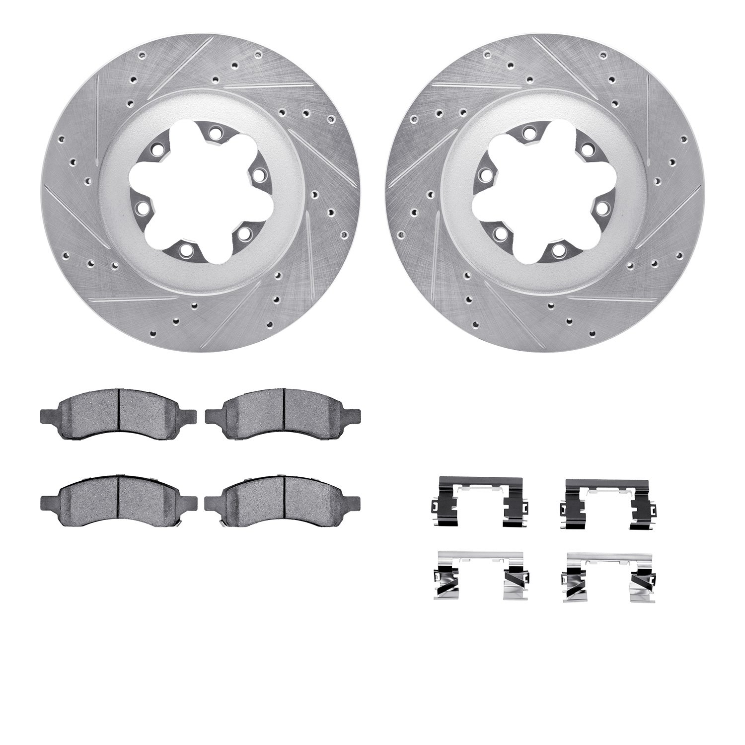 7412-48042 Drilled/Slotted Brake Rotors with Ultimate-Duty Brake Pads Kit & Hardware [Silver], 2009-2012 GM, Position: Front