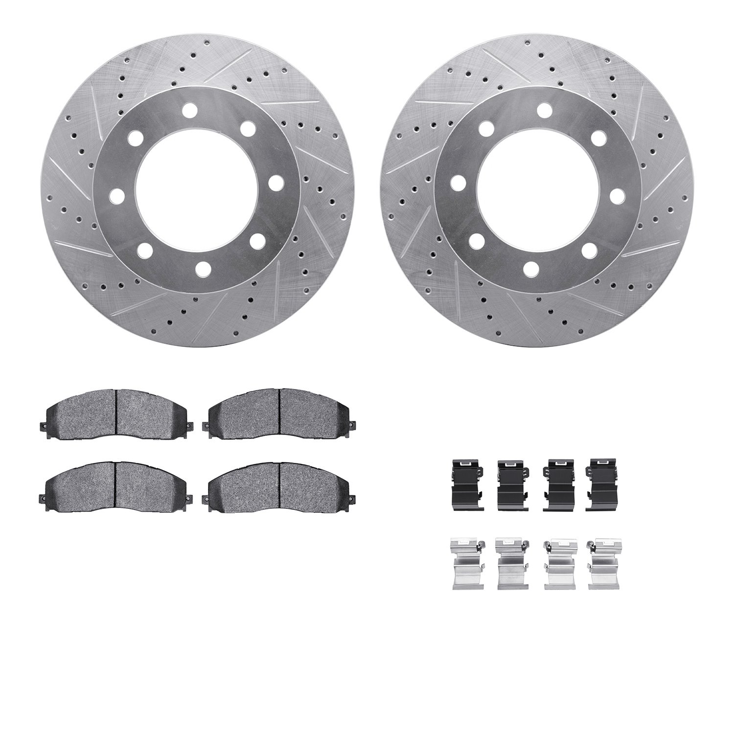 7412-54098 Drilled/Slotted Brake Rotors with Ultimate-Duty Brake Pads Kit & Hardware [Silver], Fits Select Ford/Lincoln/Mercury/