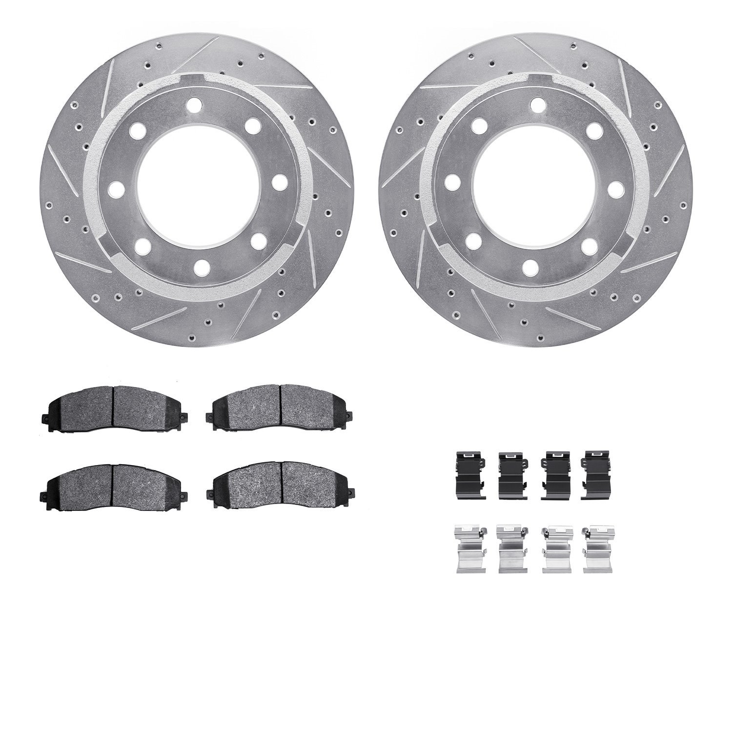 7412-54102 Drilled/Slotted Brake Rotors with Ultimate-Duty Brake Pads Kit & Hardware [Silver], Fits Select Ford/Lincoln/Mercury/