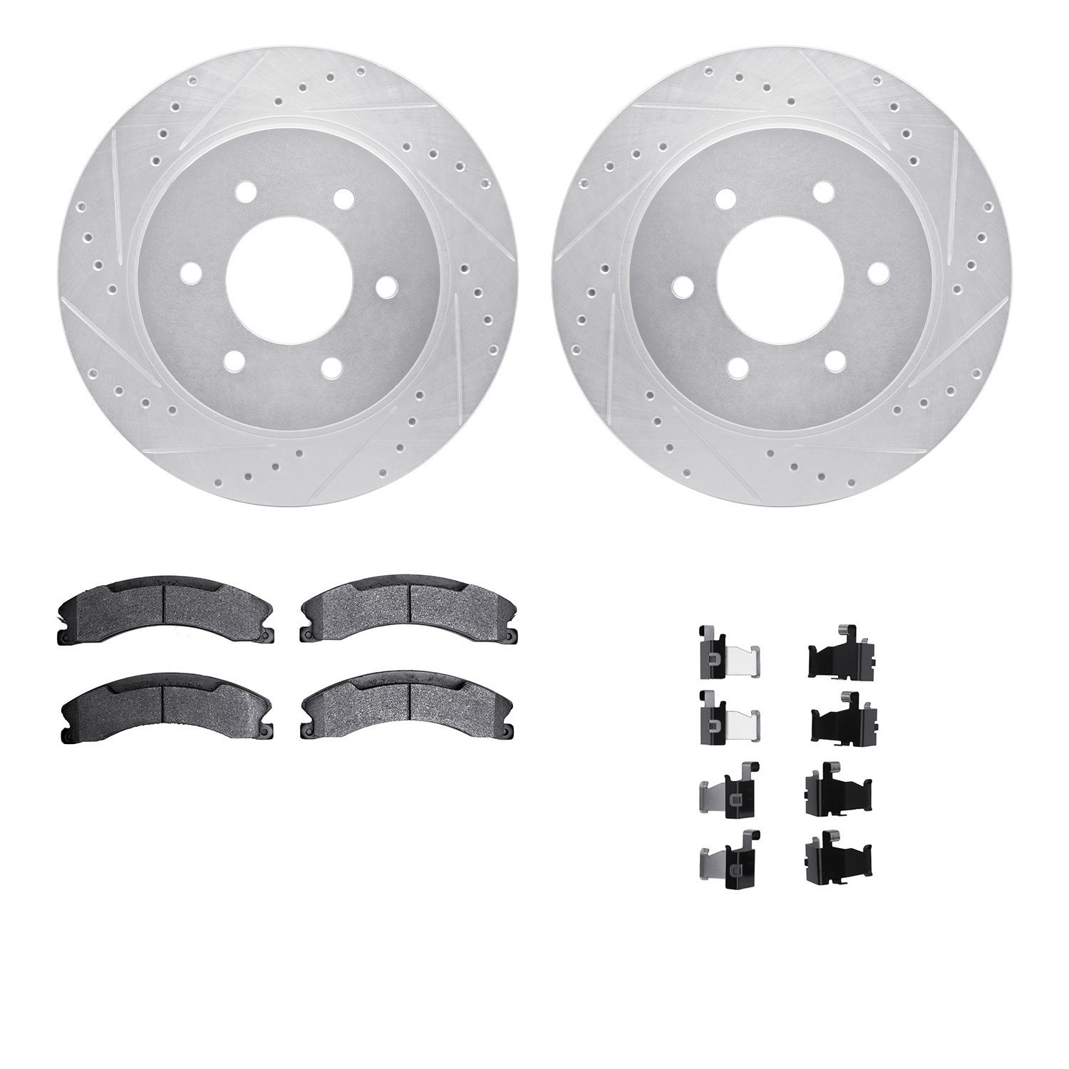 7412-67008 Drilled/Slotted Brake Rotors with Ultimate-Duty Brake Pads Kit & Hardware [Silver], Fits Select Infiniti/Nissan, Posi