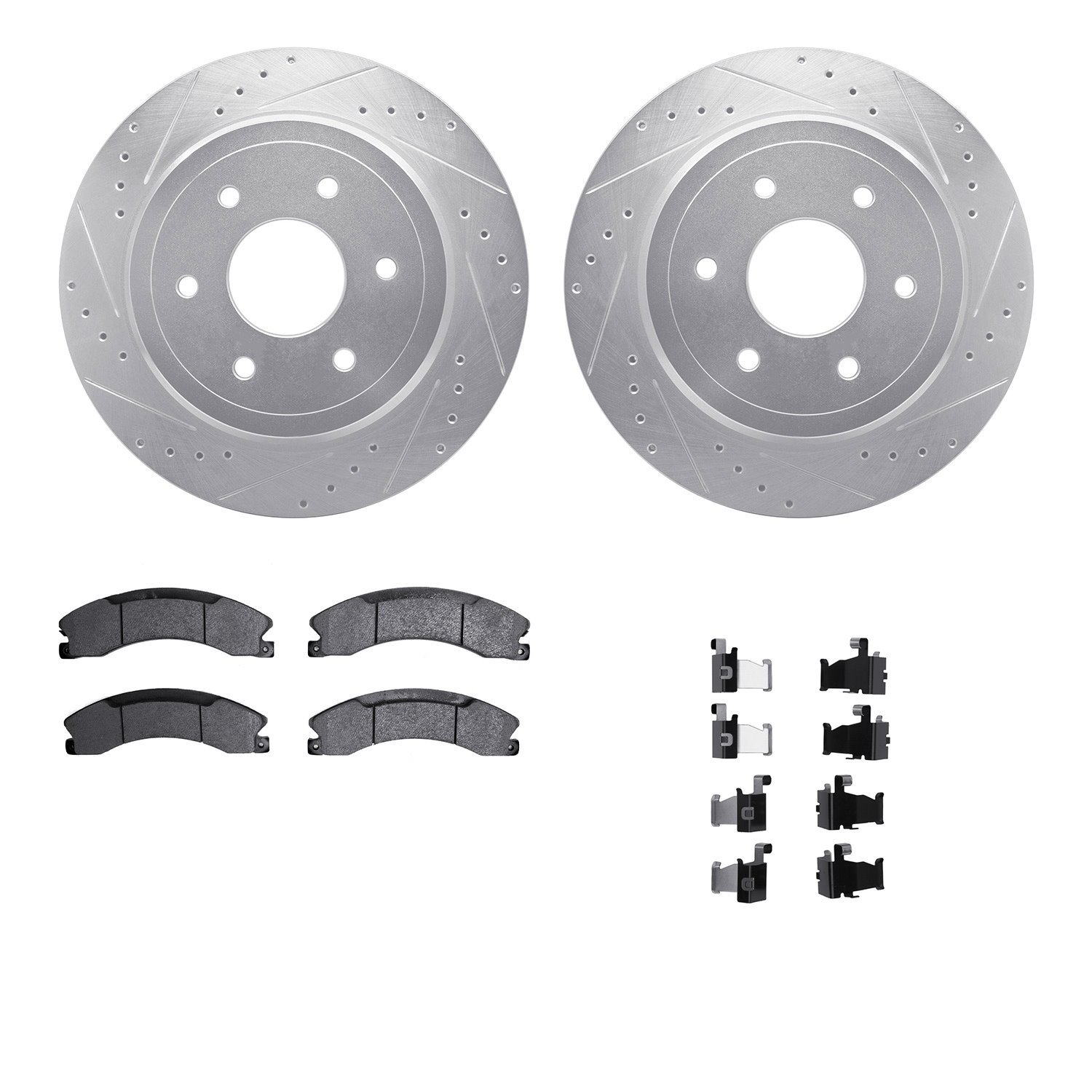7412-67009 Drilled/Slotted Brake Rotors with Ultimate-Duty Brake Pads Kit & Hardware [Silver], Fits Select Infiniti/Nissan, Posi