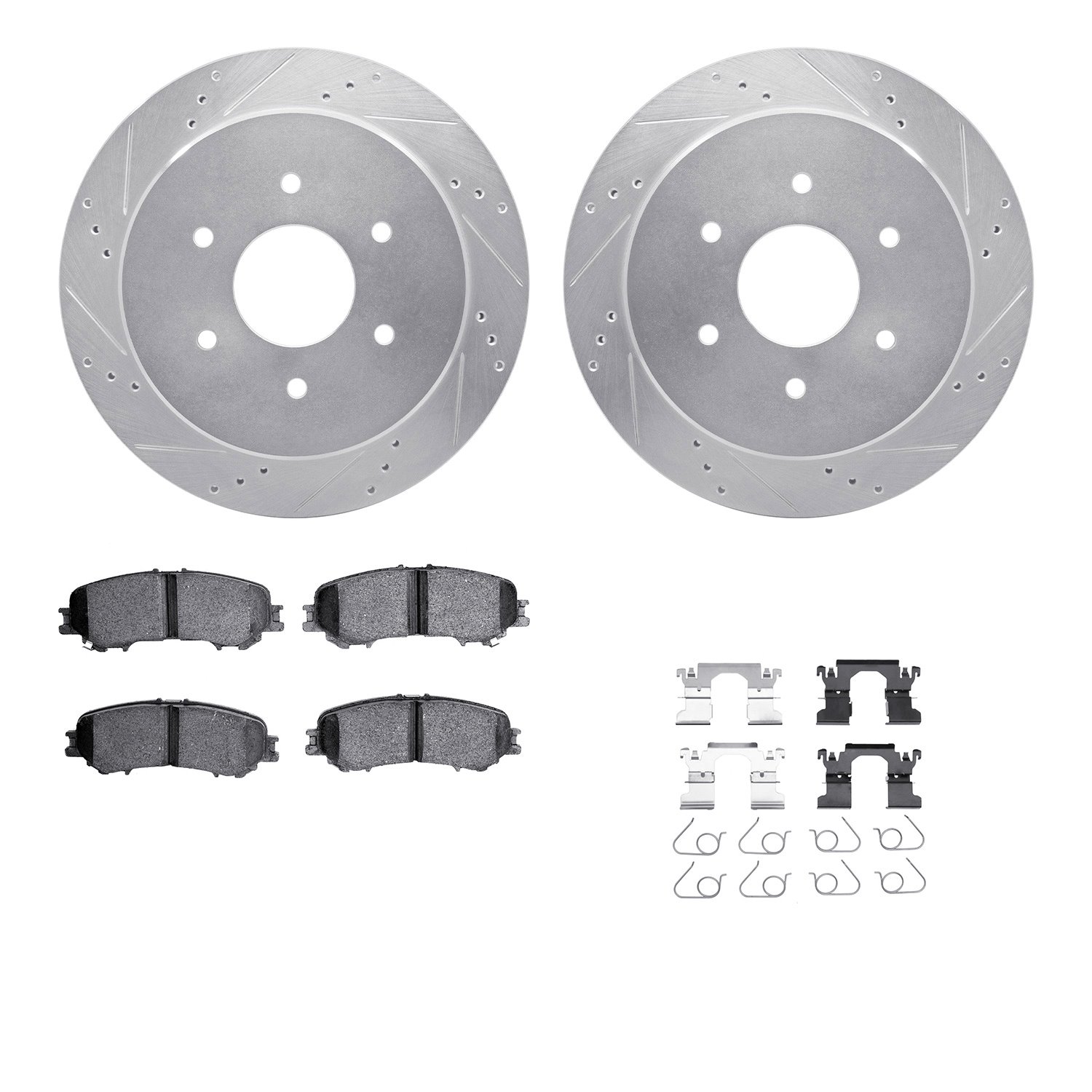 7412-67010 Drilled/Slotted Brake Rotors with Ultimate-Duty Brake Pads Kit & Hardware [Silver], Fits Select Infiniti/Nissan, Posi