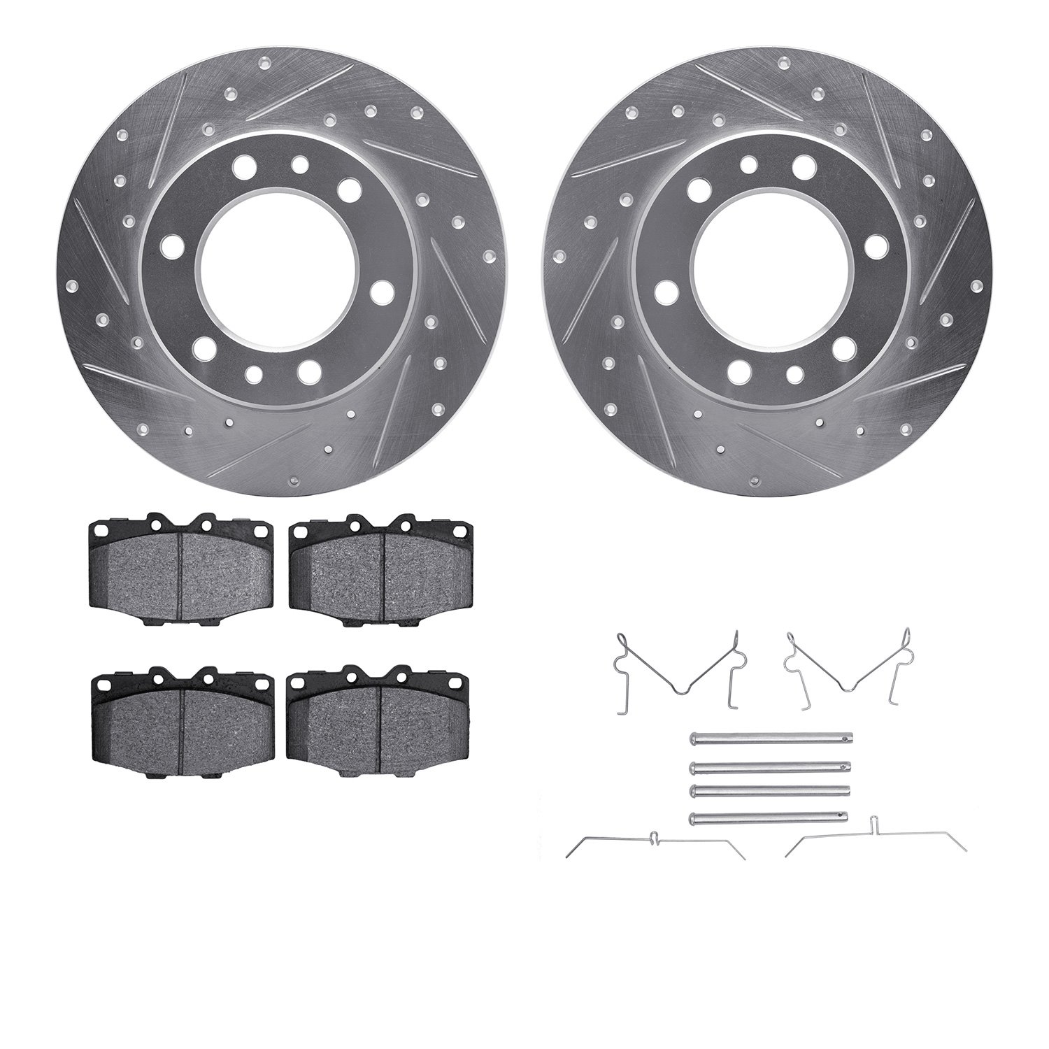 7412-76003 Drilled/Slotted Brake Rotors with Ultimate-Duty Brake Pads Kit & Hardware [Silver], 1981-1985 Lexus/Toyota/Scion, Pos