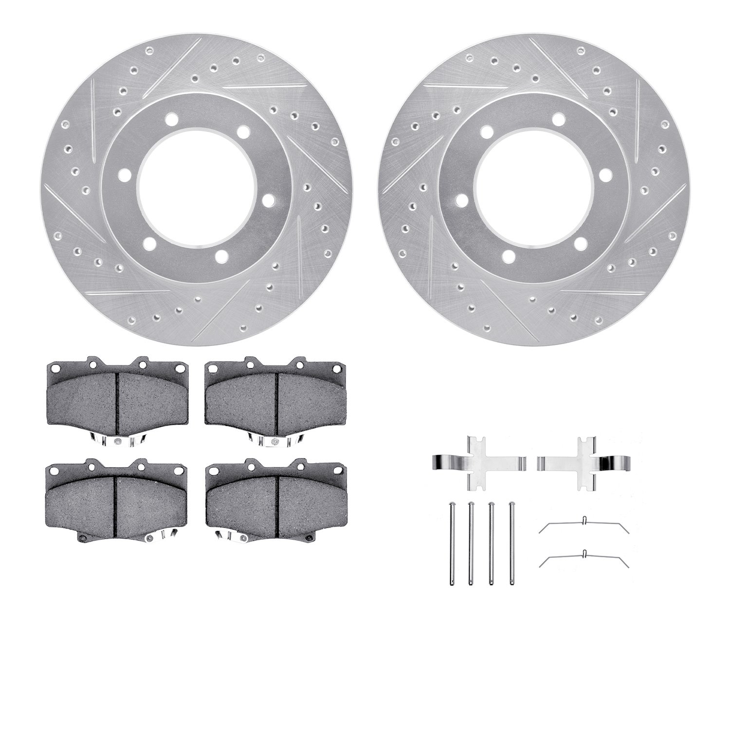 7412-76008 Drilled/Slotted Brake Rotors with Ultimate-Duty Brake Pads Kit & Hardware [Silver], 1991-1998 Lexus/Toyota/Scion, Pos