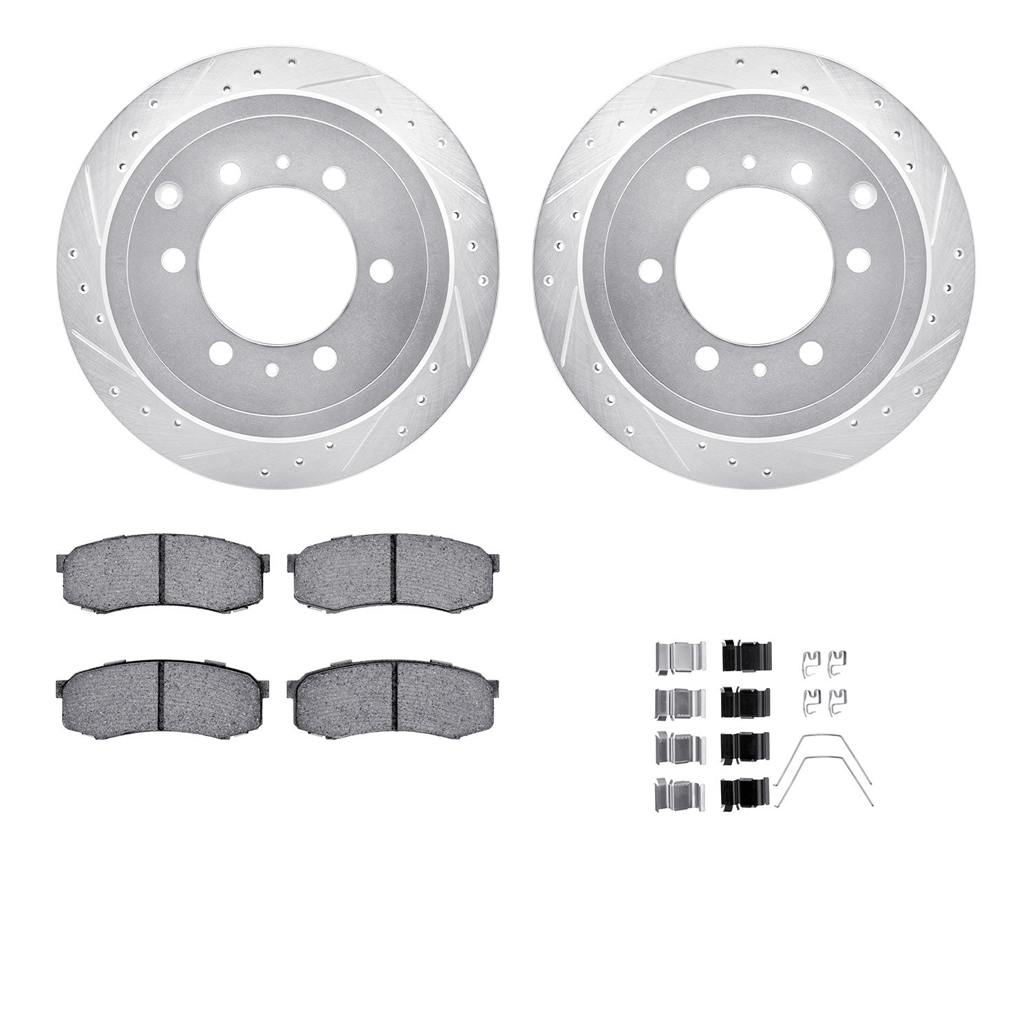 7412-76009 Drilled/Slotted Brake Rotors with Ultimate-Duty Brake Pads Kit & Hardware [Silver], 1993-1997 Lexus/Toyota/Scion, Pos