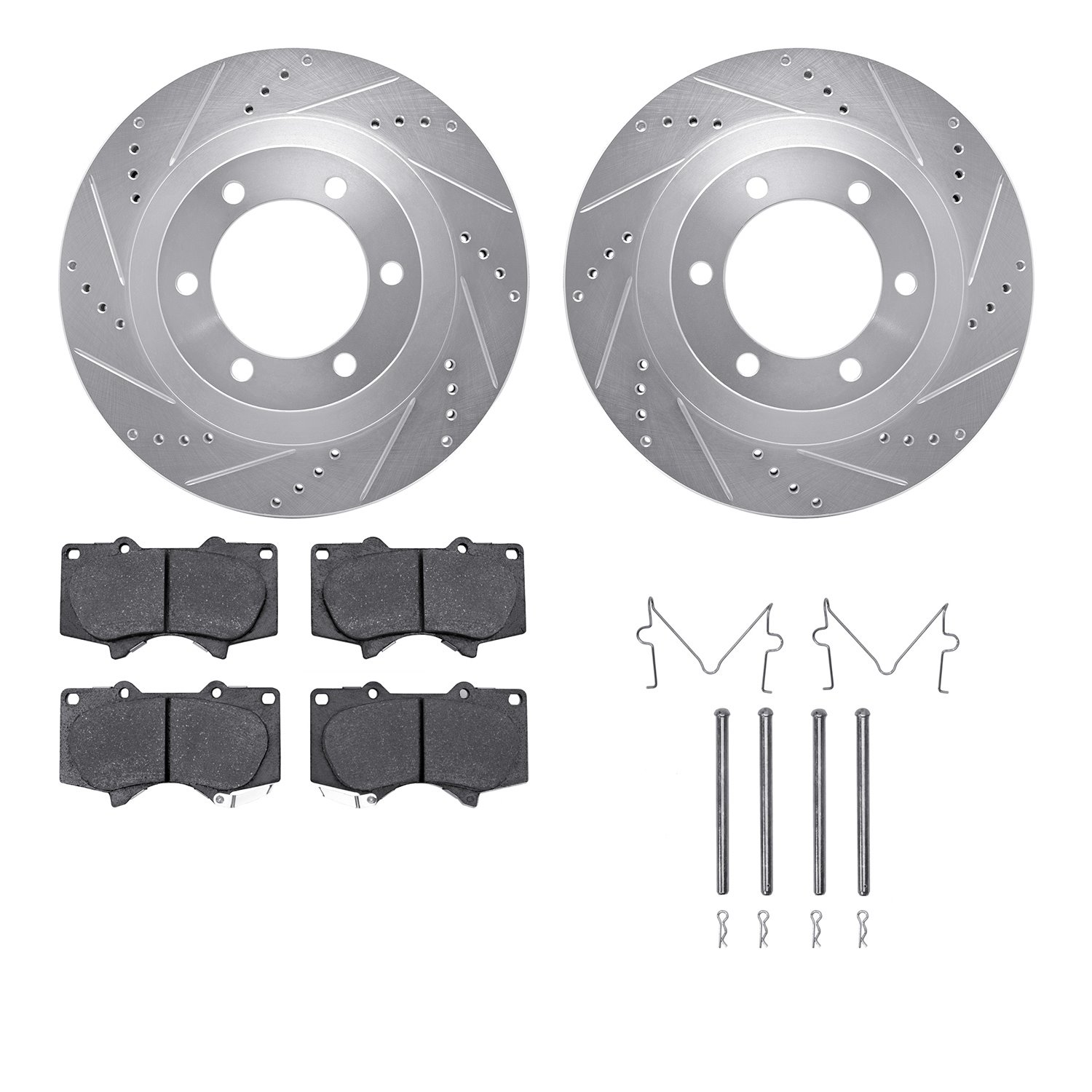 7412-76015 Drilled/Slotted Brake Rotors with Ultimate-Duty Brake Pads Kit & Hardware [Silver], 2003-2009 Lexus/Toyota/Scion, Pos
