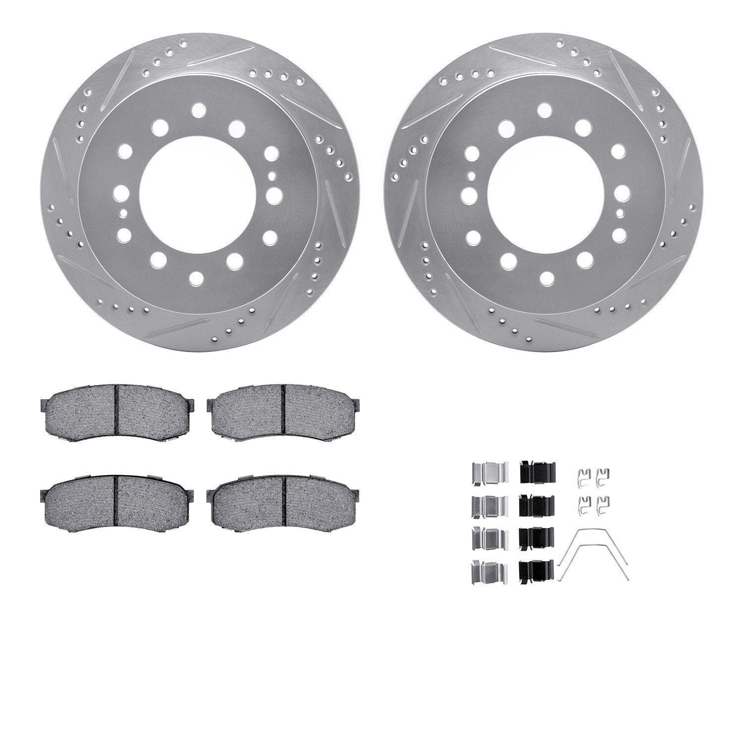 7412-76016 Drilled/Slotted Brake Rotors with Ultimate-Duty Brake Pads Kit & Hardware [Silver], 2001-2009 Lexus/Toyota/Scion, Pos