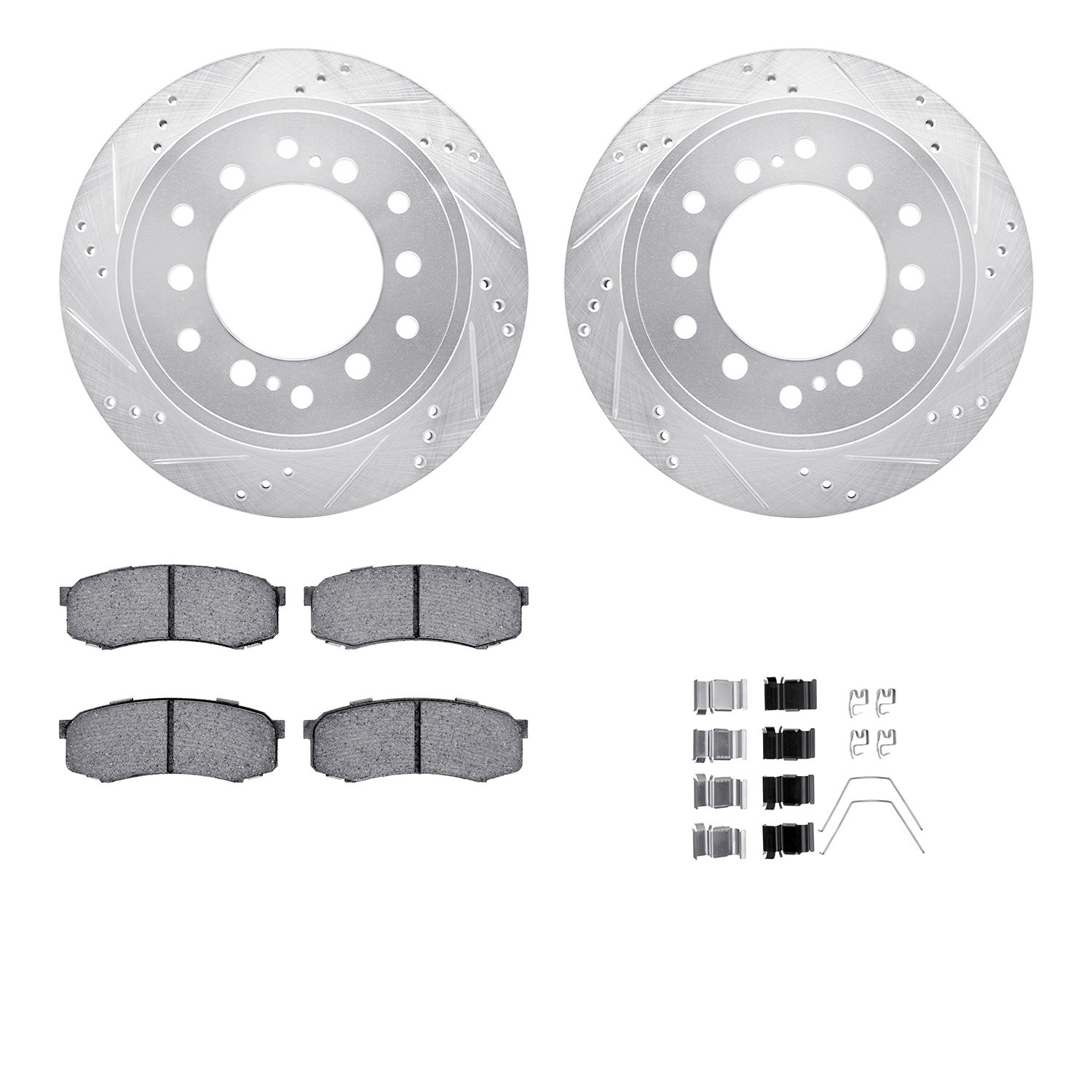 7412-76023 Drilled/Slotted Brake Rotors with Ultimate-Duty Brake Pads Kit & Hardware [Silver], Fits Select Lexus/Toyota/Scion, P