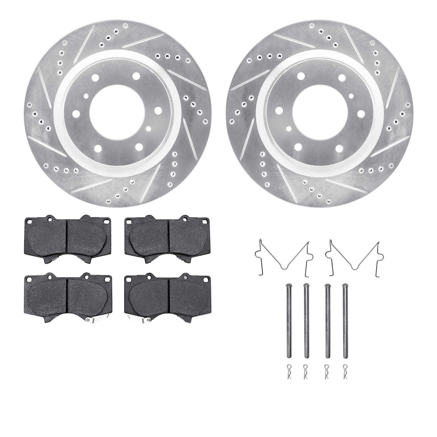 7412-92002 Drilled/Slotted Brake Rotors with Ultimate-Duty Brake Pads Kit & Hardware [Silver], 2008-2017 Mitsubishi, Position: F