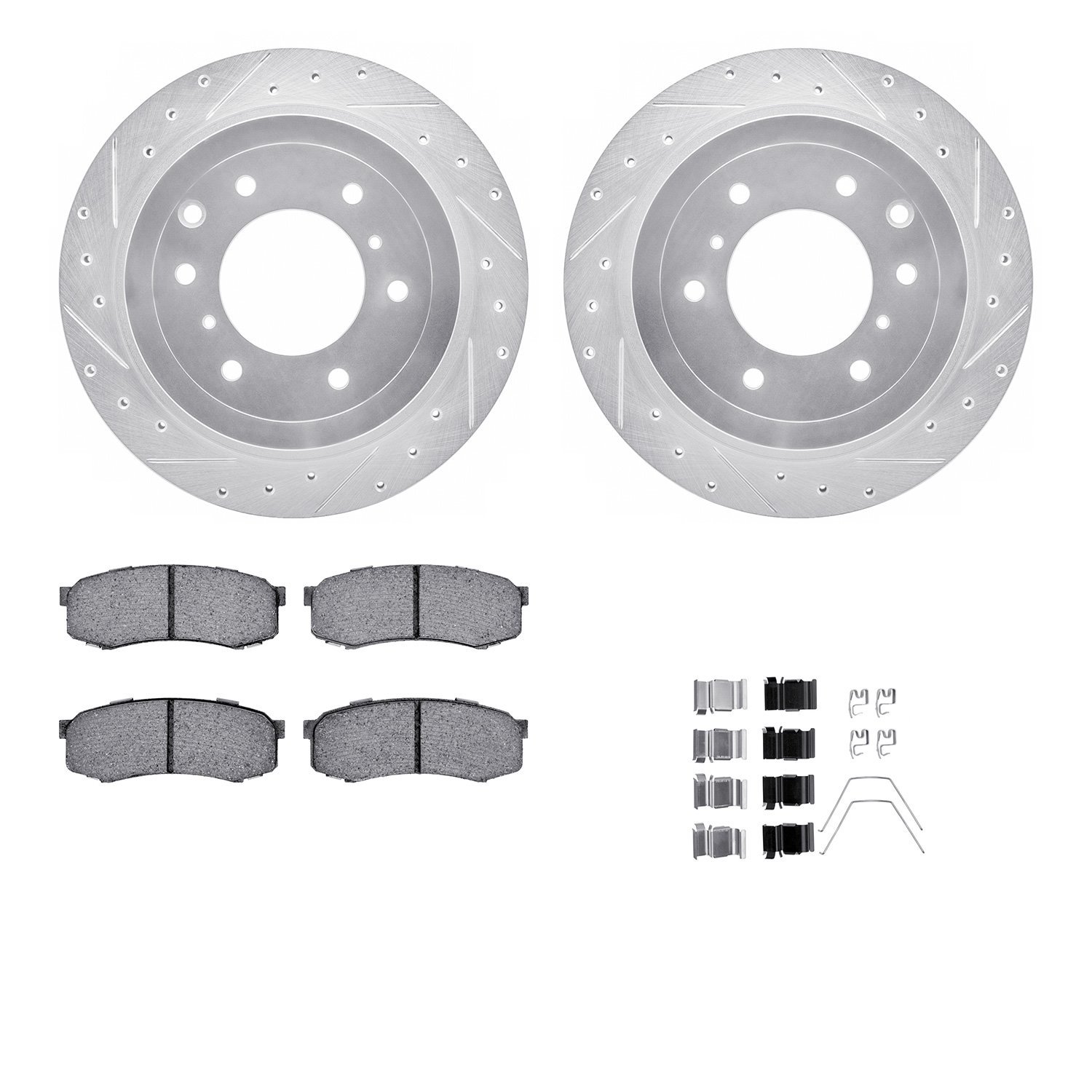 7412-92003 Drilled/Slotted Brake Rotors with Ultimate-Duty Brake Pads Kit & Hardware [Silver], 2008-2014 Mitsubishi, Position: R