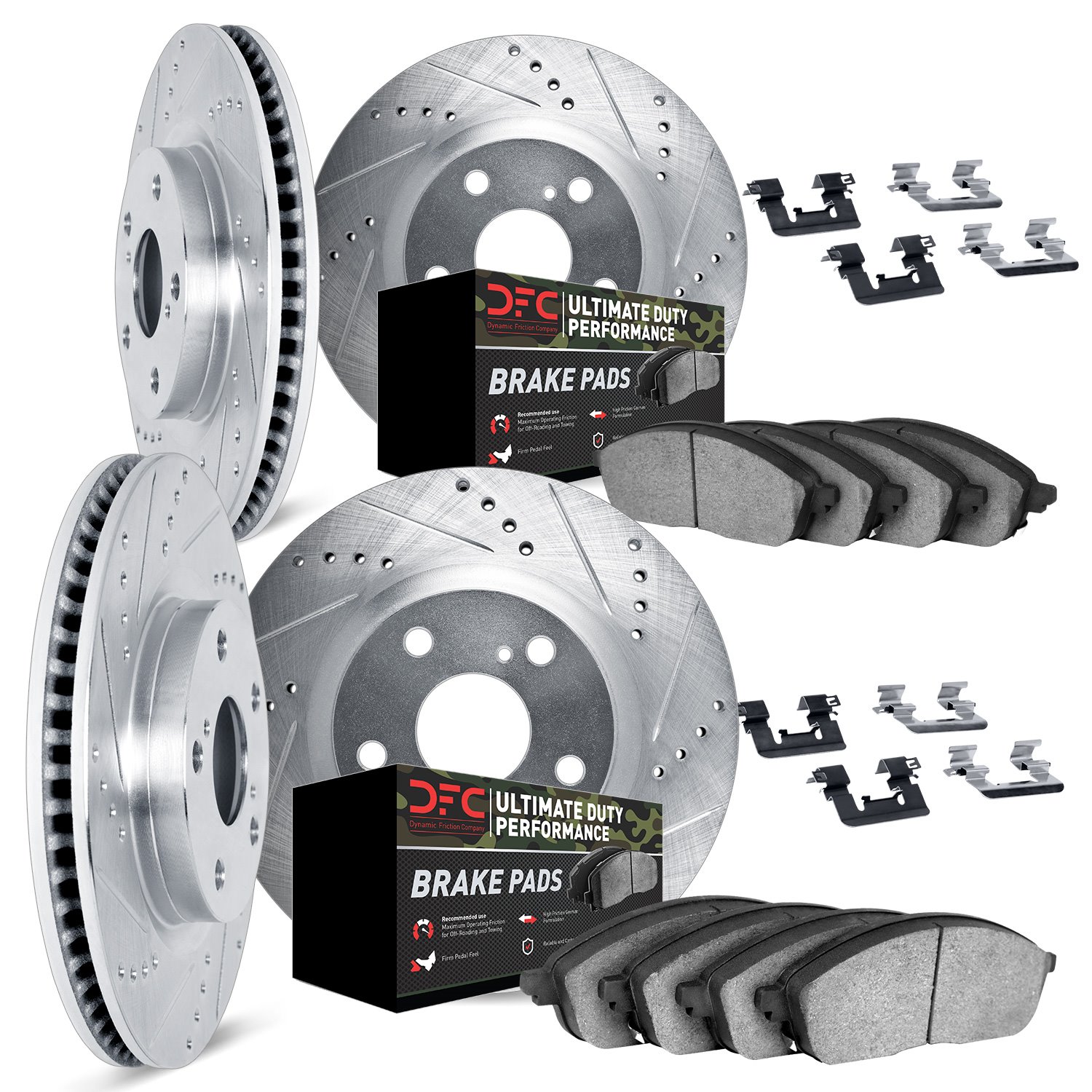 7414-26001 Drilled/Slotted Brake Rotors with Ultimate-Duty Brake Pads Kit & Hardware [Silver], 2012-2013 Tesla, Position: Front