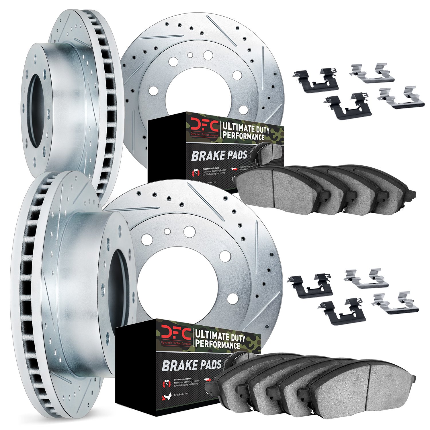 7414-40001 Drilled/Slotted Brake Rotors with Ultimate-Duty Brake Pads Kit & Hardware [Silver], 2000-2002 Mopar, Position: Front