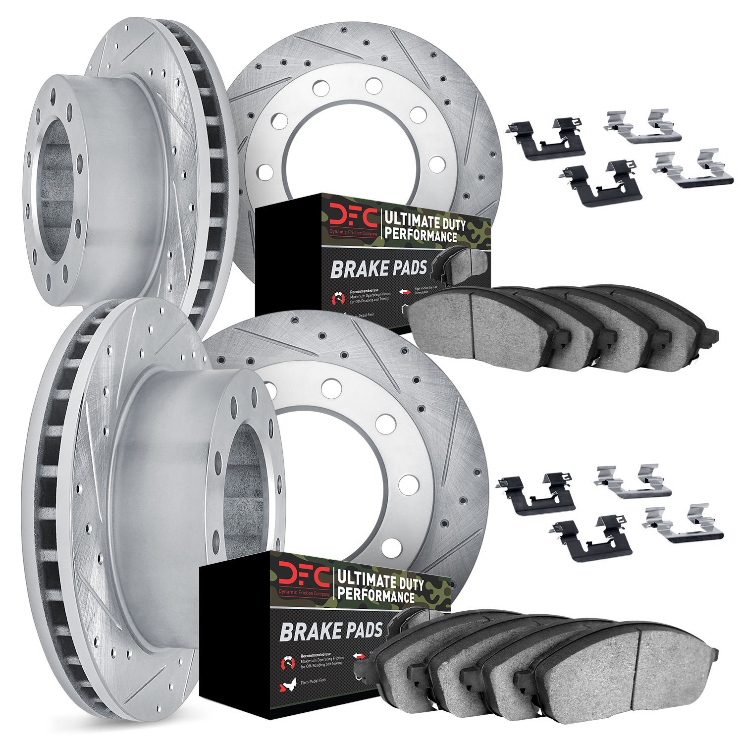 7414-40008 Drilled/Slotted Brake Rotors with Ultimate-Duty Brake Pads Kit & Hardware [Silver], 2005-2017 Multiple Makes/Models,