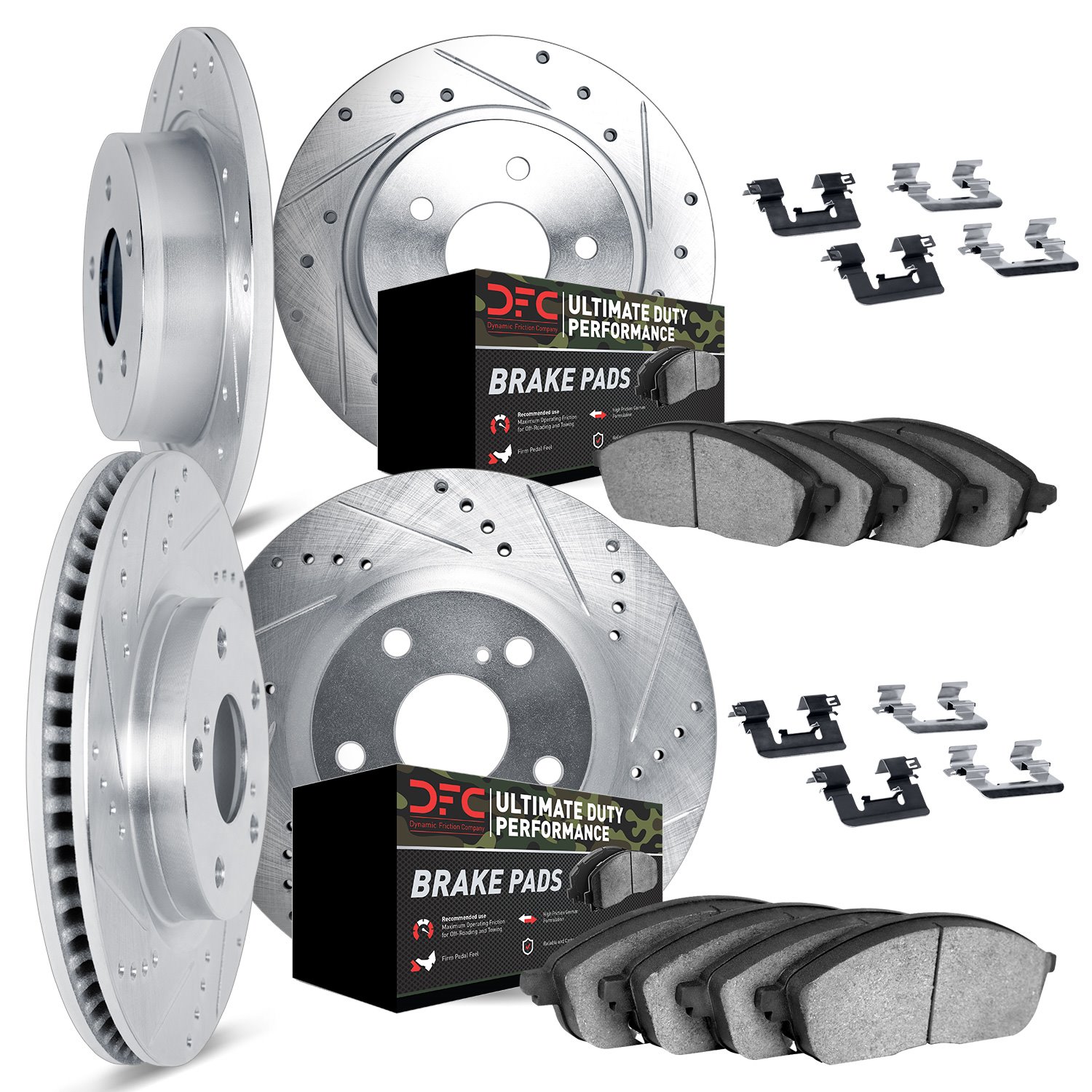 7414-42001 Drilled/Slotted Brake Rotors with Ultimate-Duty Brake Pads Kit & Hardware [Silver], 2005-2010 Mopar, Position: Front