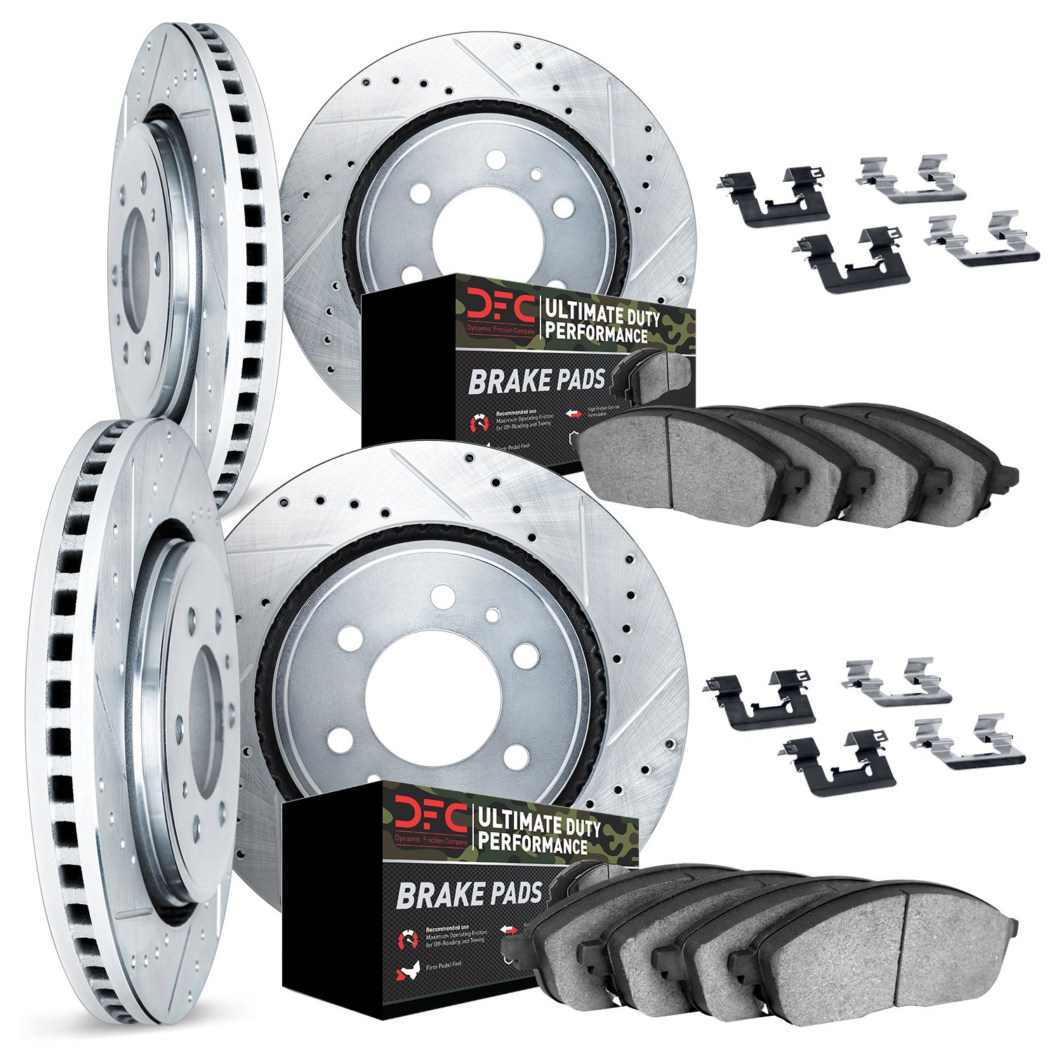 7414-48019 Drilled/Slotted Brake Rotors with Ultimate-Duty Brake Pads Kit & Hardware [Silver], 2009-2014 GM, Position: Front and