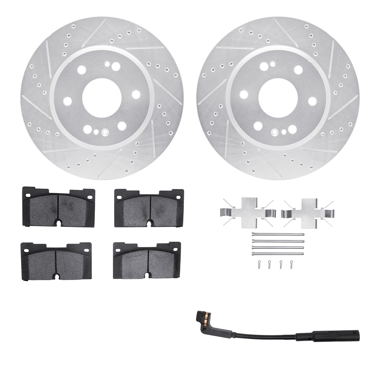 7422-47001 Drilled/Slotted Brake Rotors with Ultimate-Duty Brake Pads/Sensor & Hardware Kit [Silver], Fits Select GM, Position: