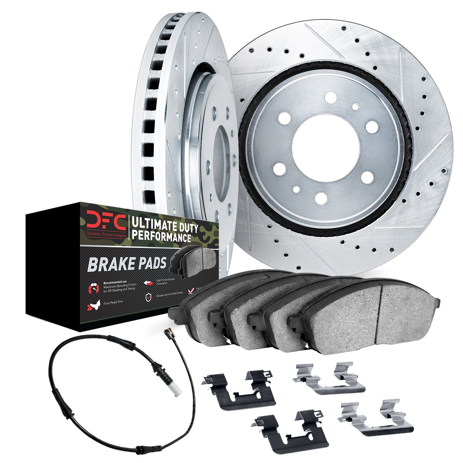 7422-47002 Drilled/Slotted Brake Rotors with Ultimate-Duty Brake Pads/Sensor & Hardware Kit [Silver], Fits Select GM, Position: