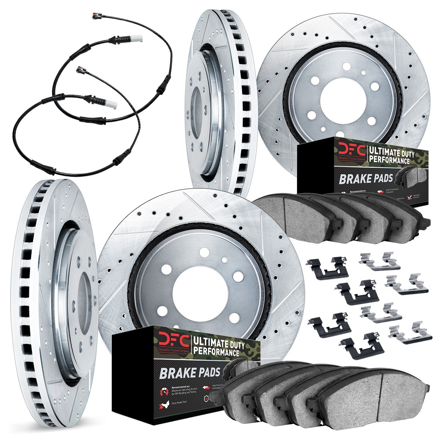 7424-47001 Drilled/Slotted Brake Rotors with Ultimate-Duty Brake Pads/Sensor & Hardware Kit [Silver], Fits Select GM, Position: