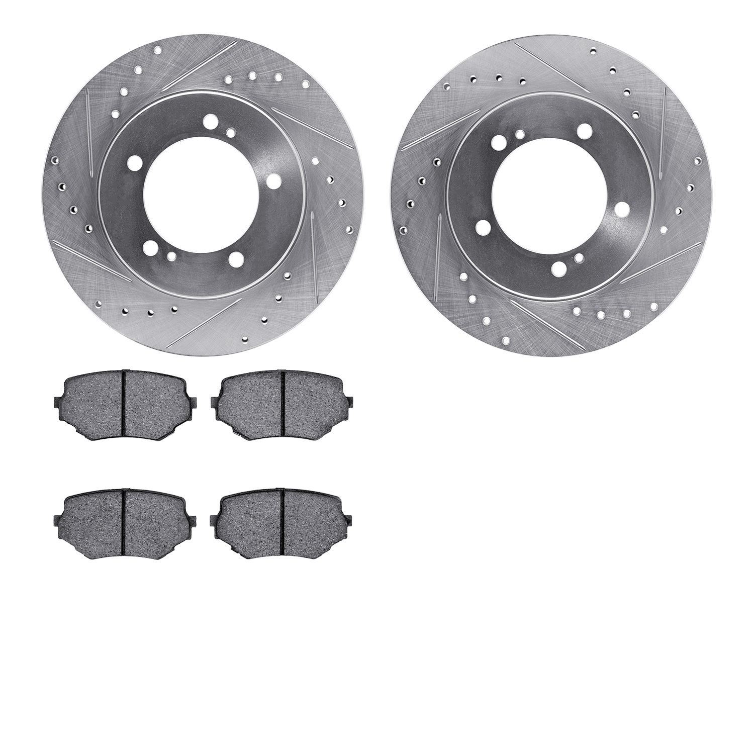 7502-01015 Drilled/Slotted Brake Rotors w/5000 Advanced Brake Pads Kit [Silver], 1999-2008 Multiple Makes/Models, Position: Fron