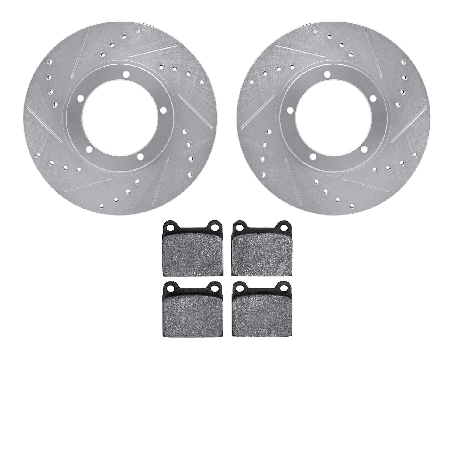 7502-02002 Drilled/Slotted Brake Rotors w/5000 Advanced Brake Pads Kit [Silver], 1967-1977 Porsche, Position: Front