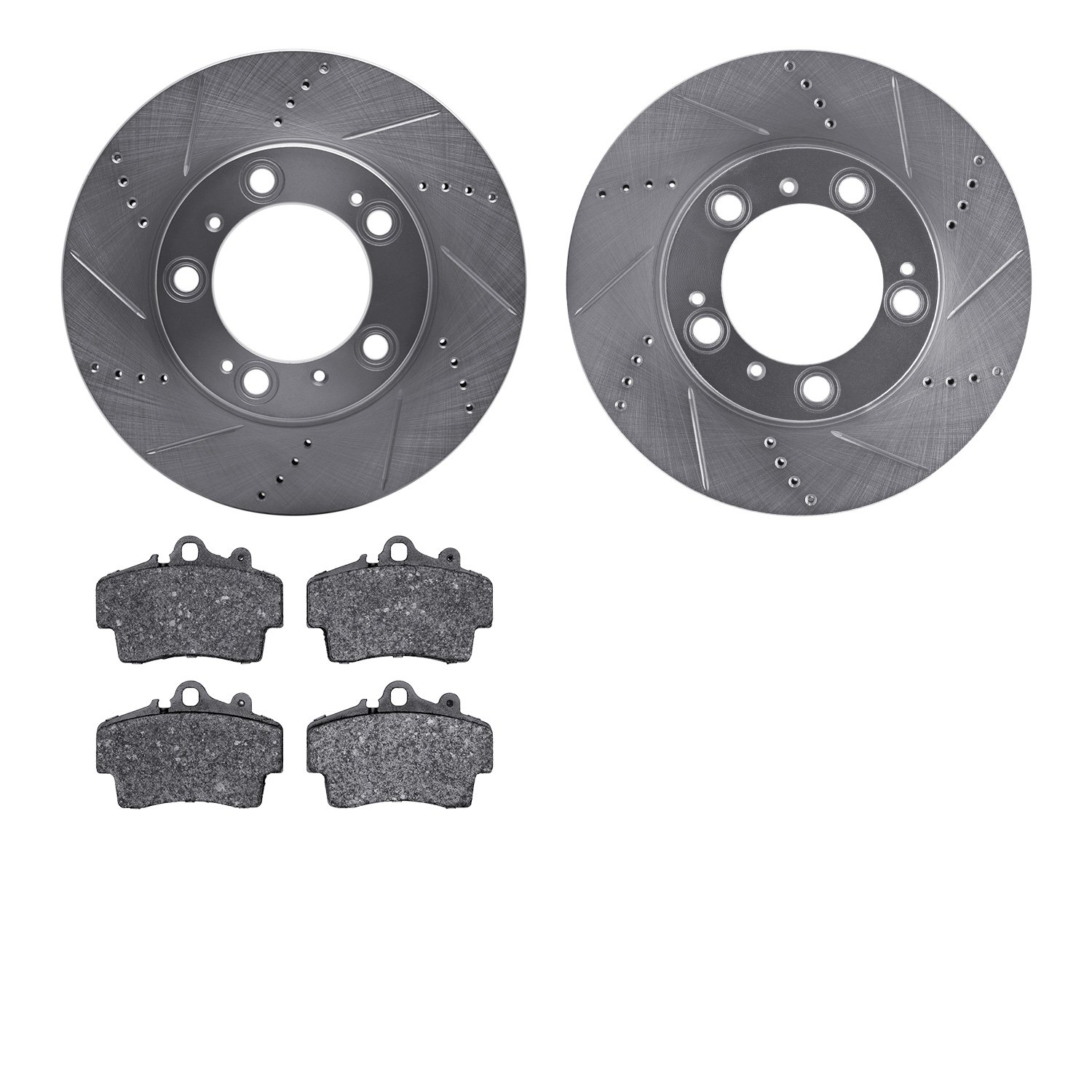 7502-02009 Drilled/Slotted Brake Rotors w/5000 Advanced Brake Pads Kit [Silver], 1997-2004 Porsche, Position: Front