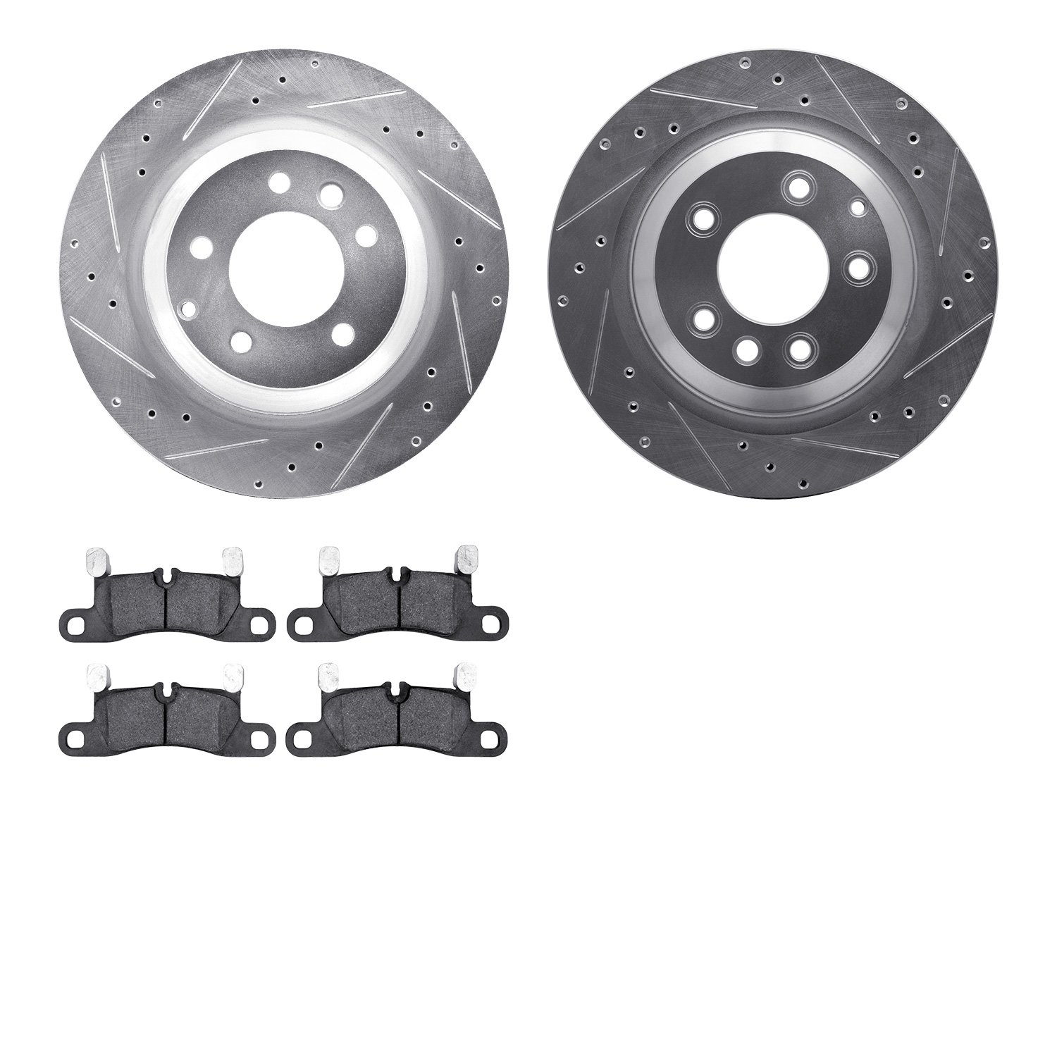 7502-02018 Drilled/Slotted Brake Rotors w/5000 Advanced Brake Pads Kit [Silver], 2015-2018 Porsche, Position: Rear