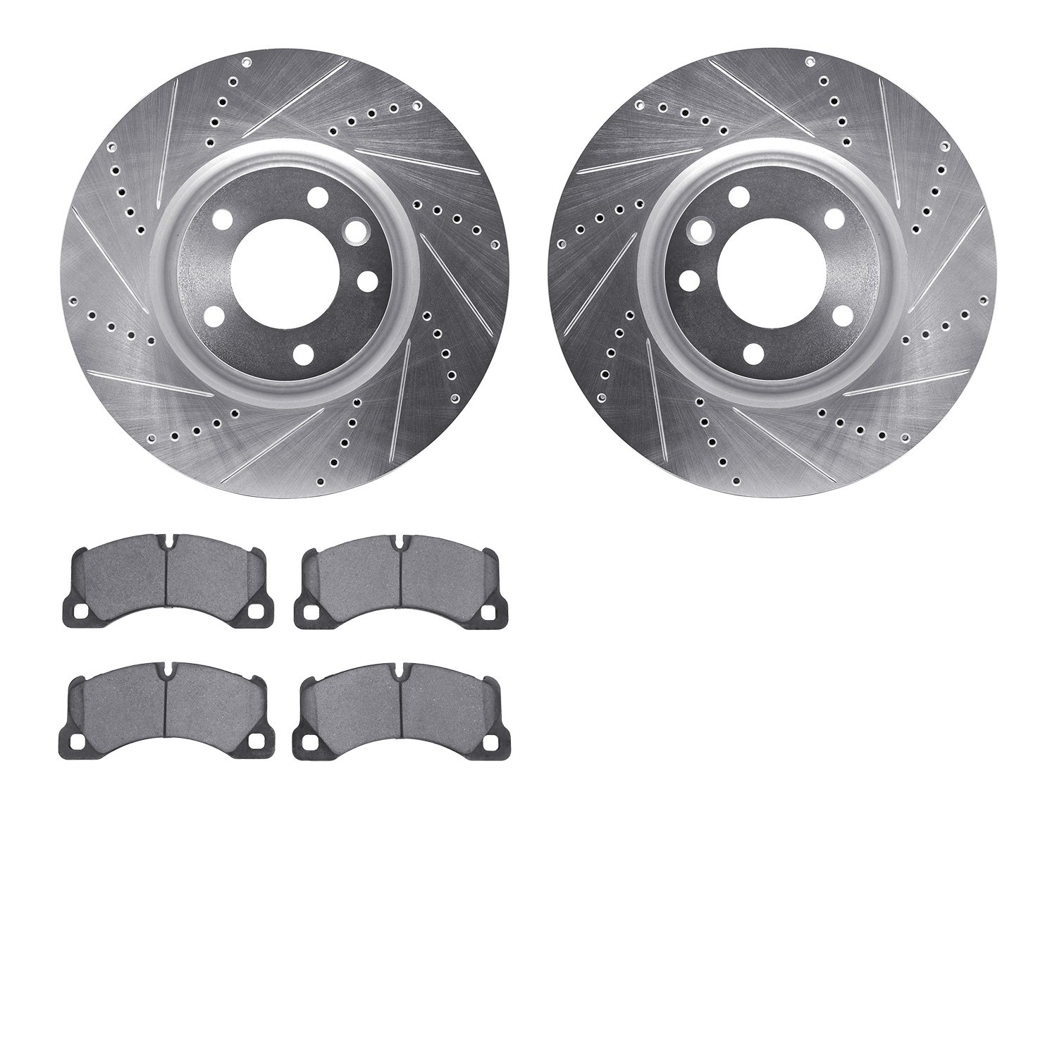 7502-02024 Drilled/Slotted Brake Rotors w/5000 Advanced Brake Pads Kit [Silver], 2008-2009 Audi/Volkswagen, Position: Front