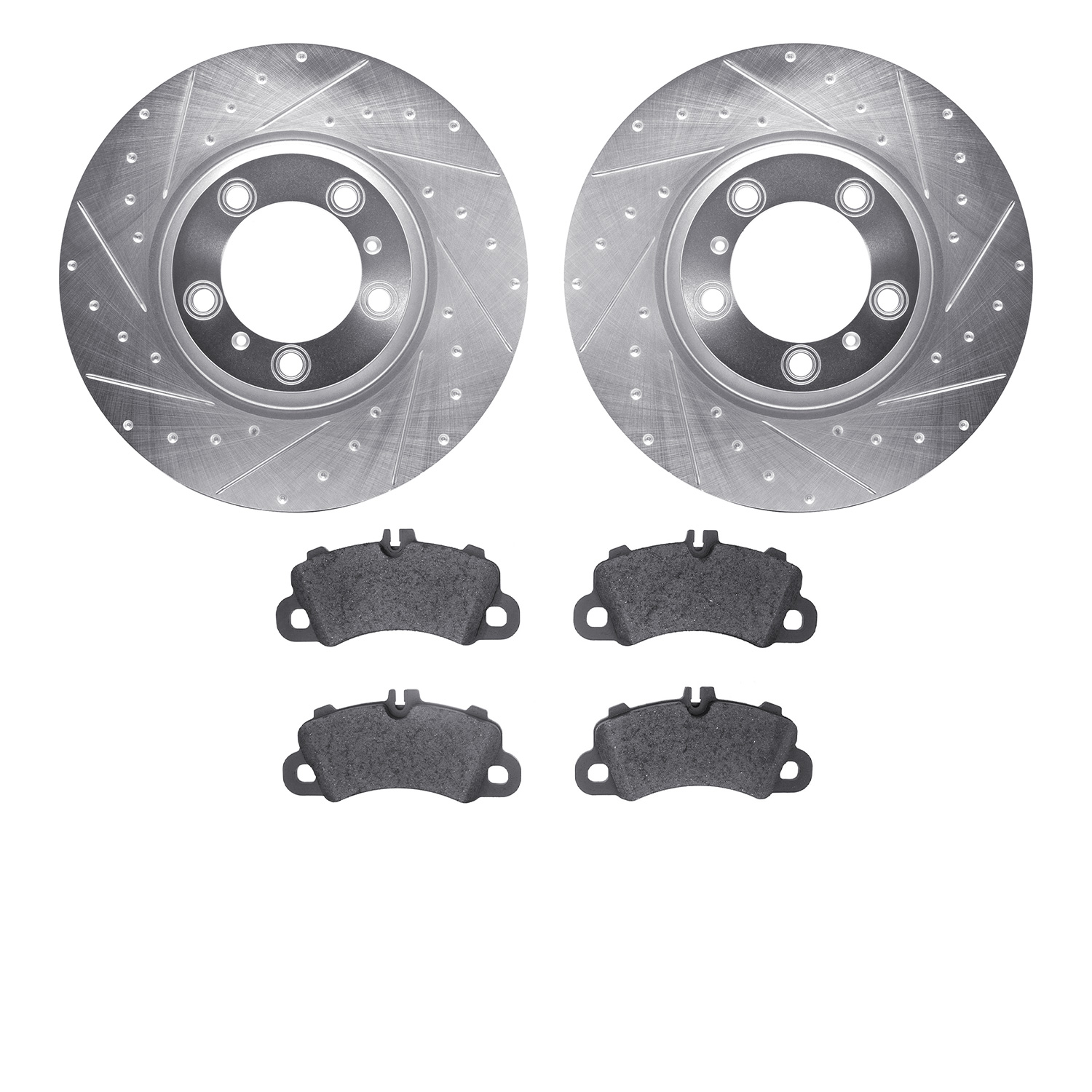 7502-02033 Drilled/Slotted Brake Rotors w/5000 Advanced Brake Pads Kit [Silver], 2019-2020 Porsche, Position: Front