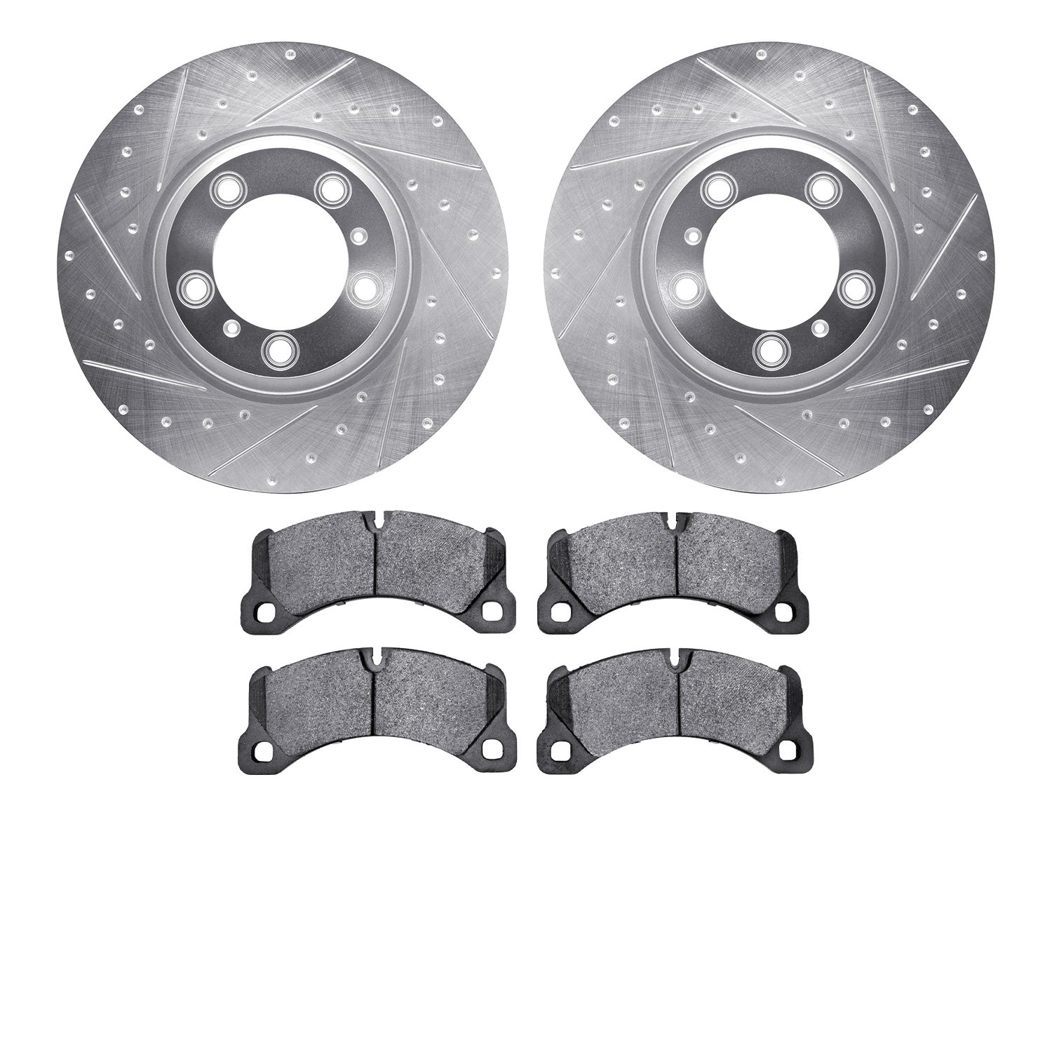 7502-02034 Drilled/Slotted Brake Rotors w/5000 Advanced Brake Pads Kit [Silver], 2017-2020 Porsche, Position: Front