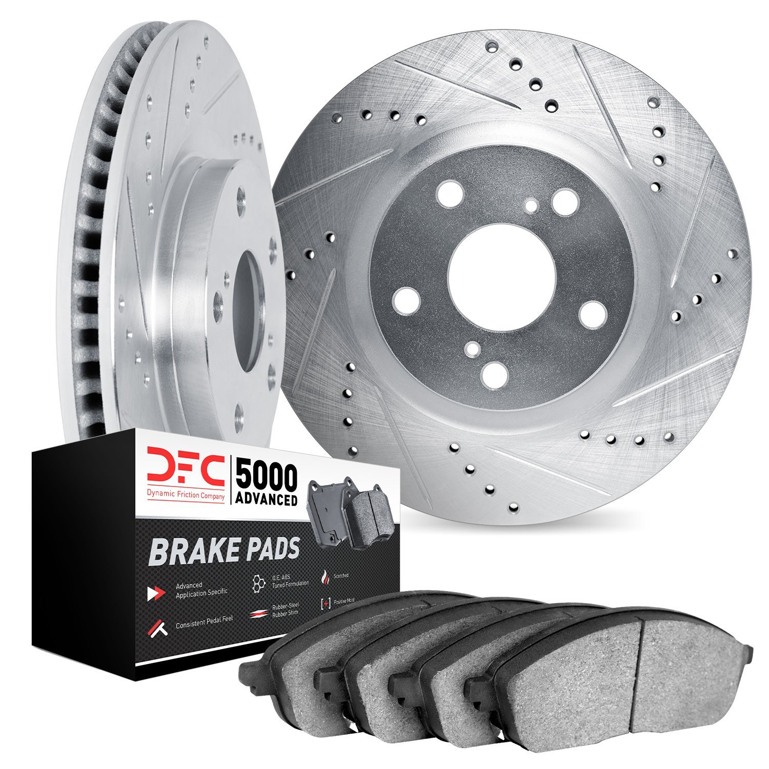 7502-02052 Drilled/Slotted Brake Rotors w/5000 Advanced Brake Pads Kit [Silver], 1984-1989 Porsche, Position: Rear