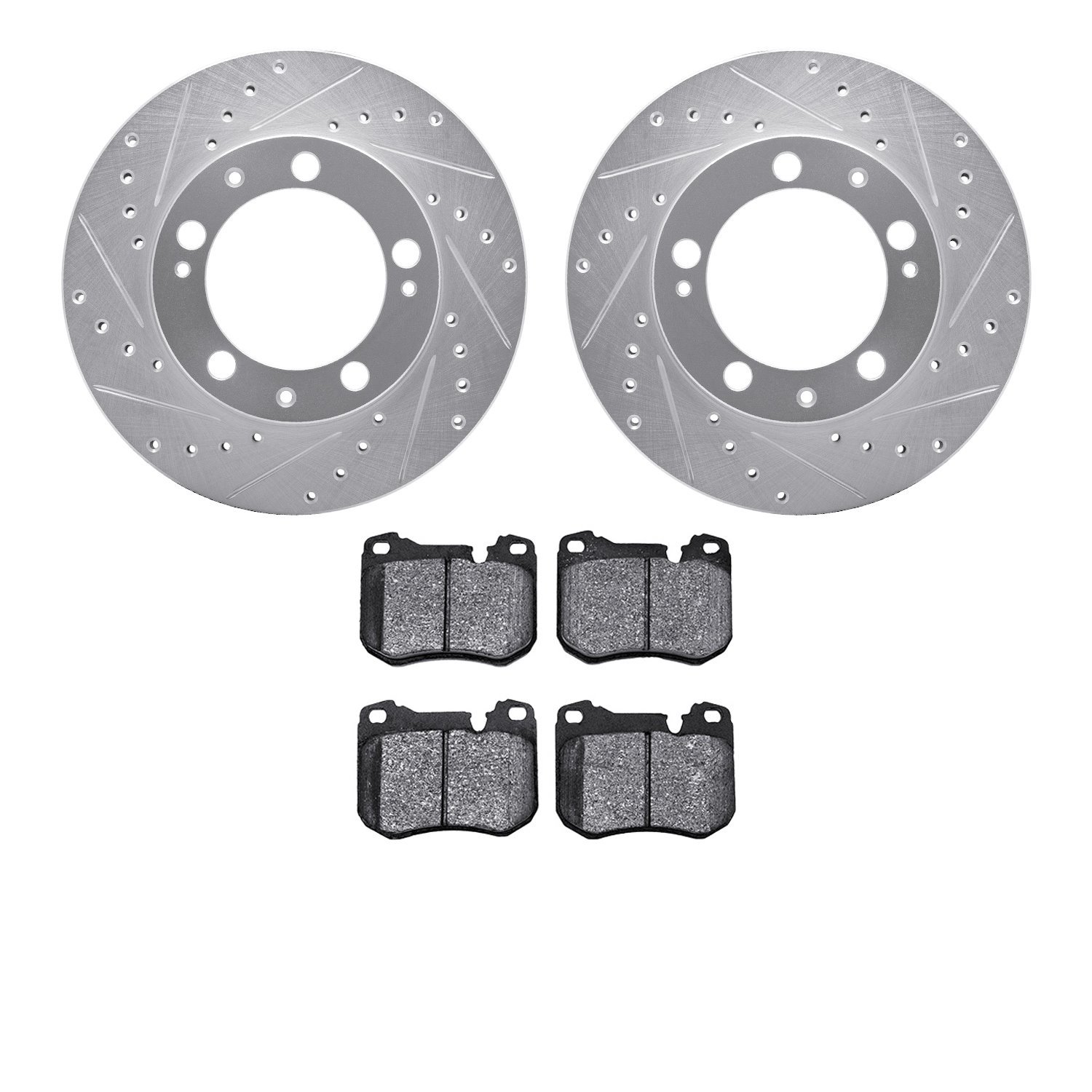 7502-02066 Drilled/Slotted Brake Rotors w/5000 Advanced Brake Pads Kit [Silver], 1987-1989 Porsche, Position: Front